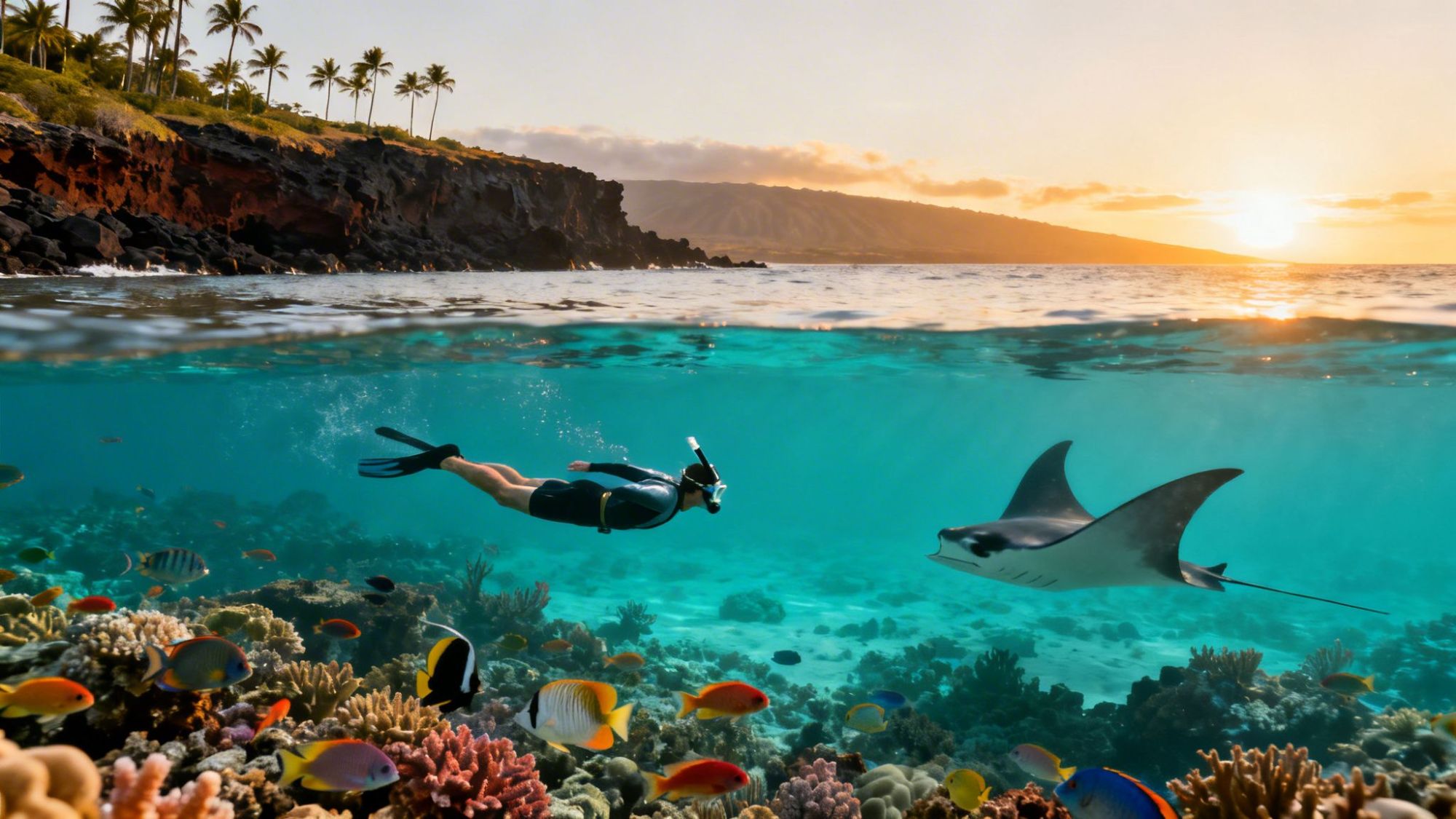 Snorkeler and manta ray swimming over coral reef near tropical coast at sunset.