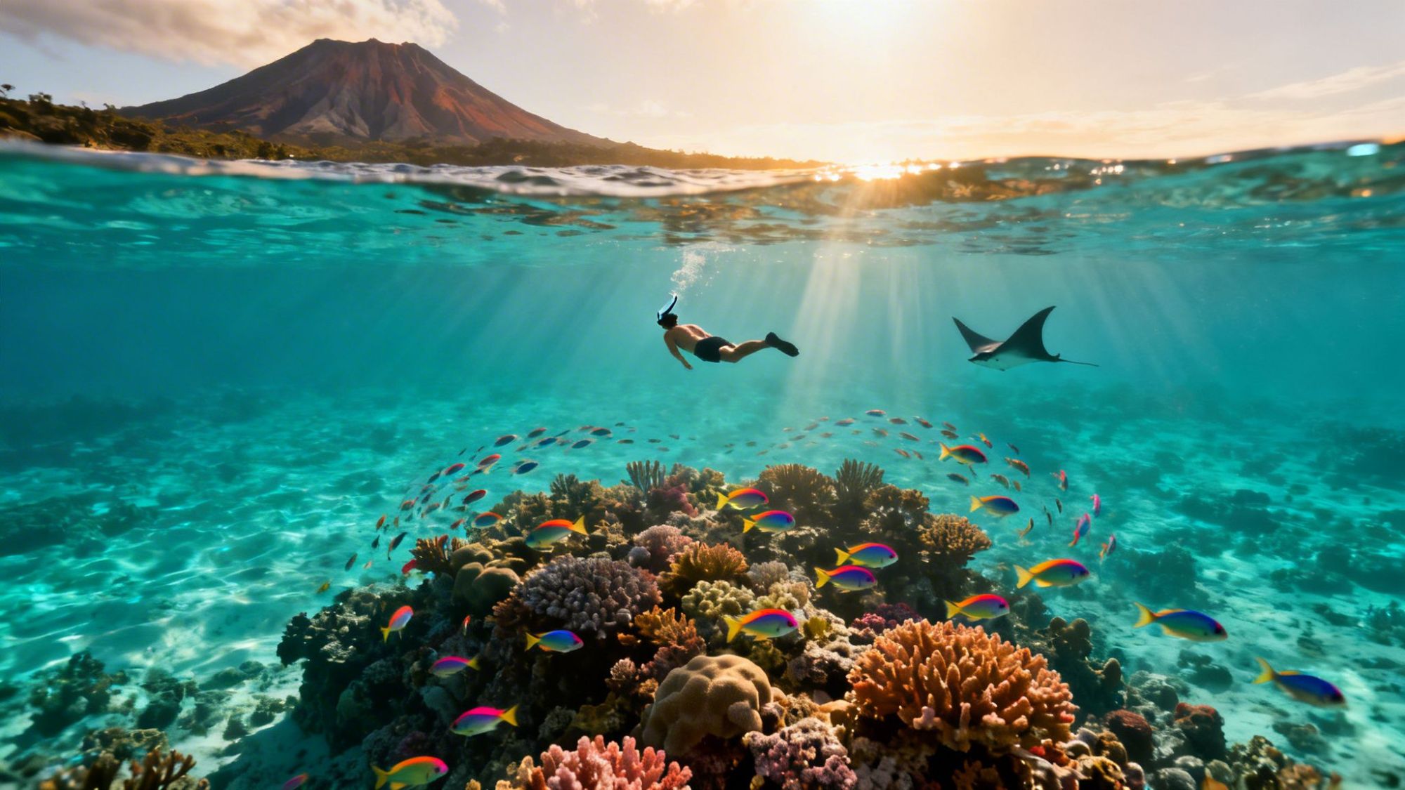 Snorkeler above coral reef with tropical fish and a mountain in the background at sunset.