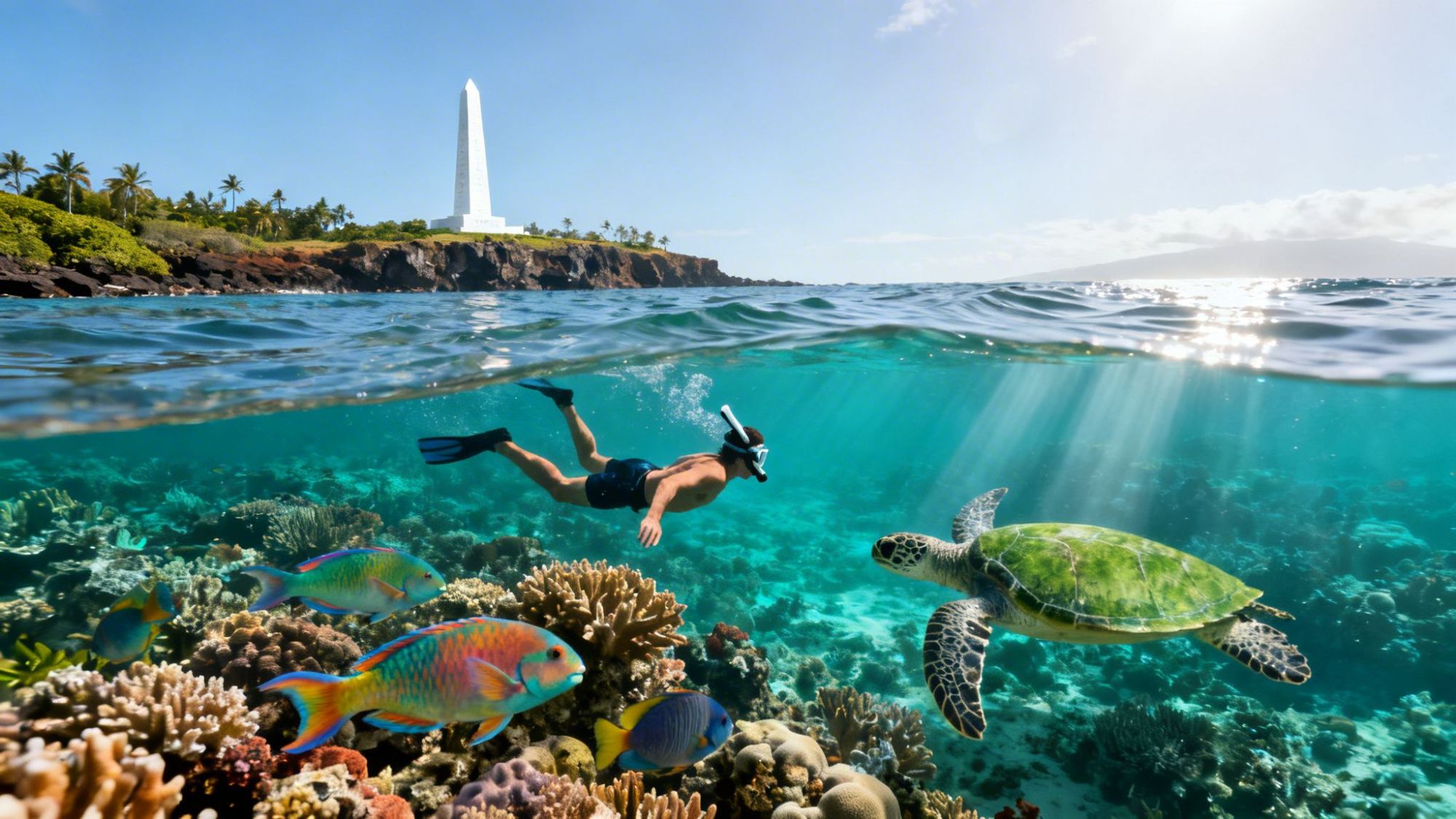 Snorkeler near coral reef with sea turtle and fish, monument visible on distant shore.