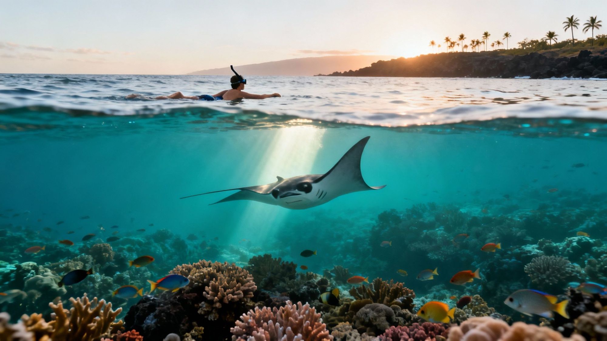Snorkeler above water with manta ray and coral reef in clear ocean, sunset in the background.