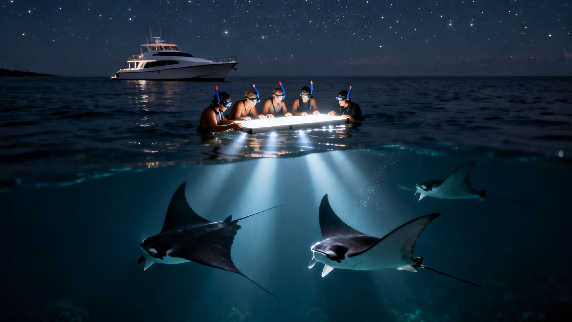 People snorkeling at night with manta rays beneath, and a boat in the background under a starry sky.