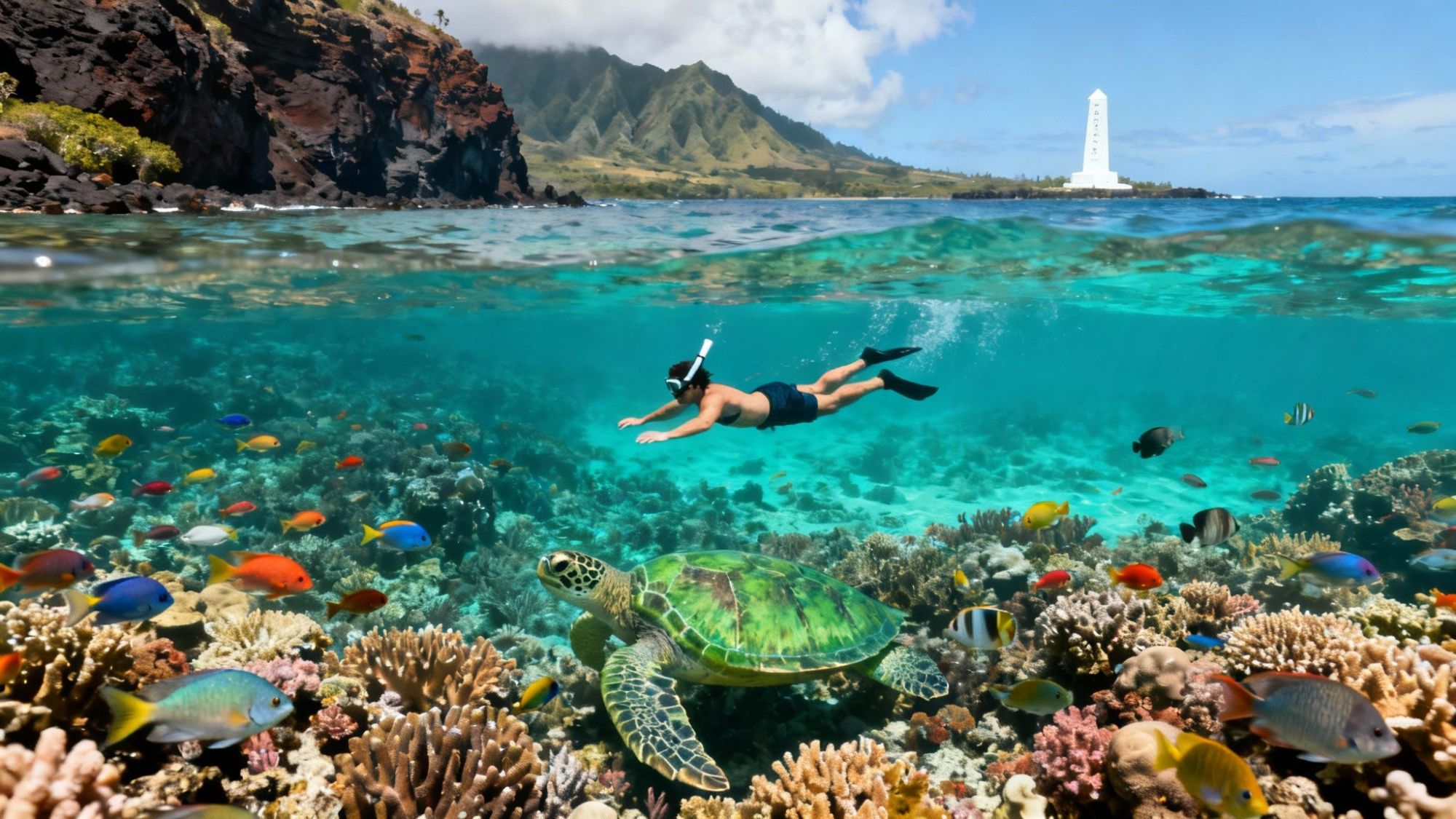 Snorkeler above vibrant coral reef with fish and turtle, mountains and lighthouse in background.