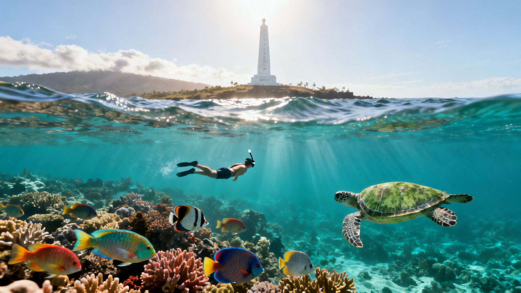 Snorkeler swimming near colorful coral reef with fish and turtle, lighthouse in the background above water.