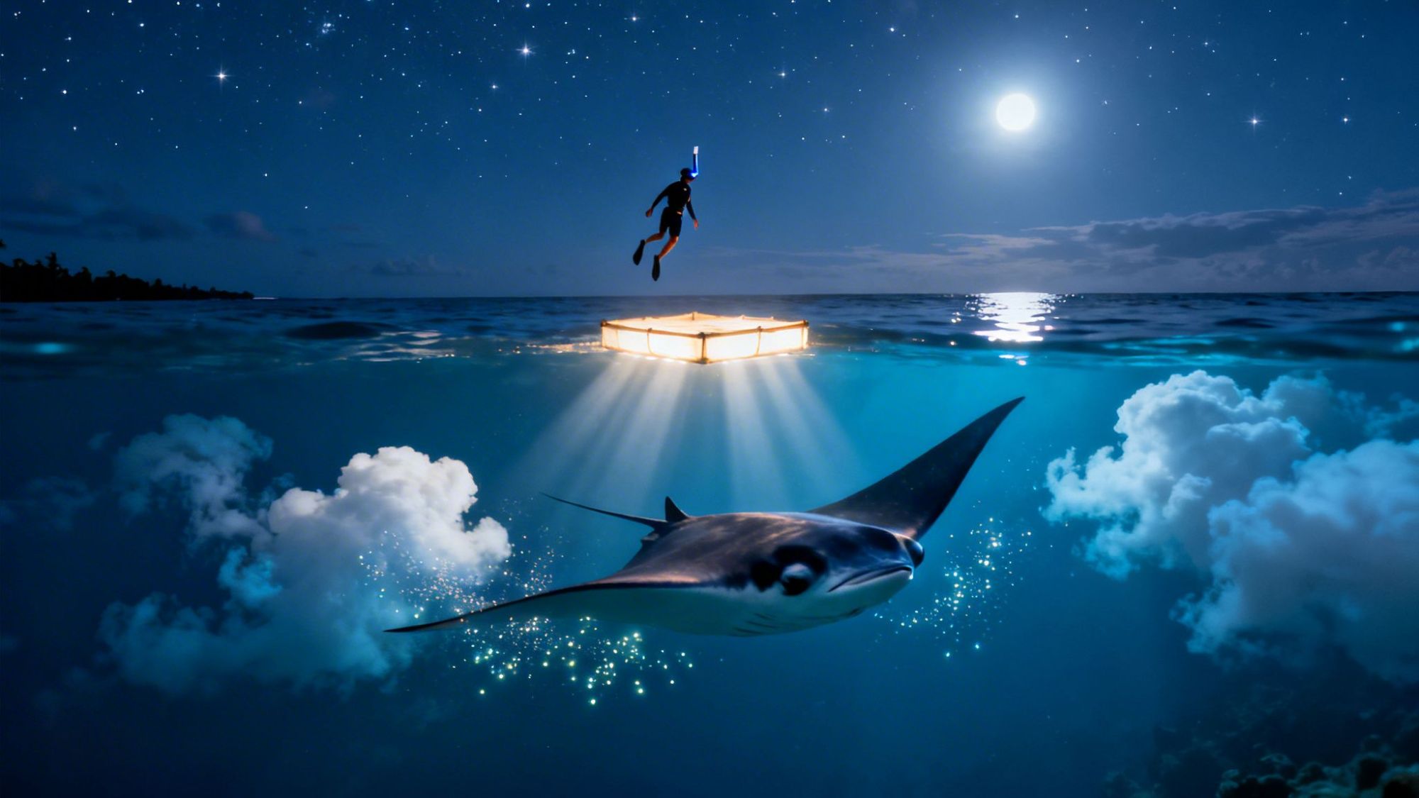 A diver illuminated by a light box floats above a manta ray in a starry ocean under a full moon.