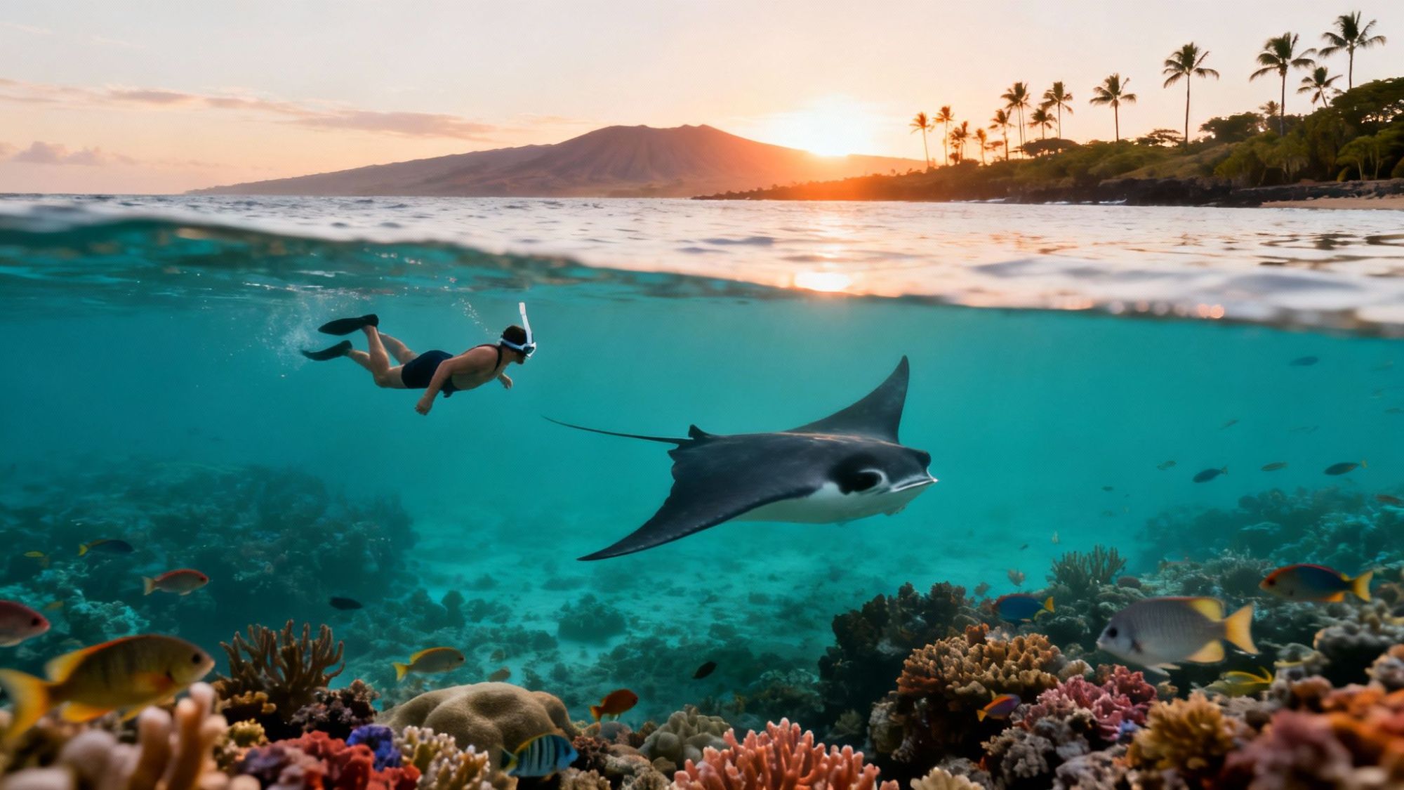 Snorkeler swimming with manta ray above colorful coral reef at sunset, with a tropical shoreline in the background.