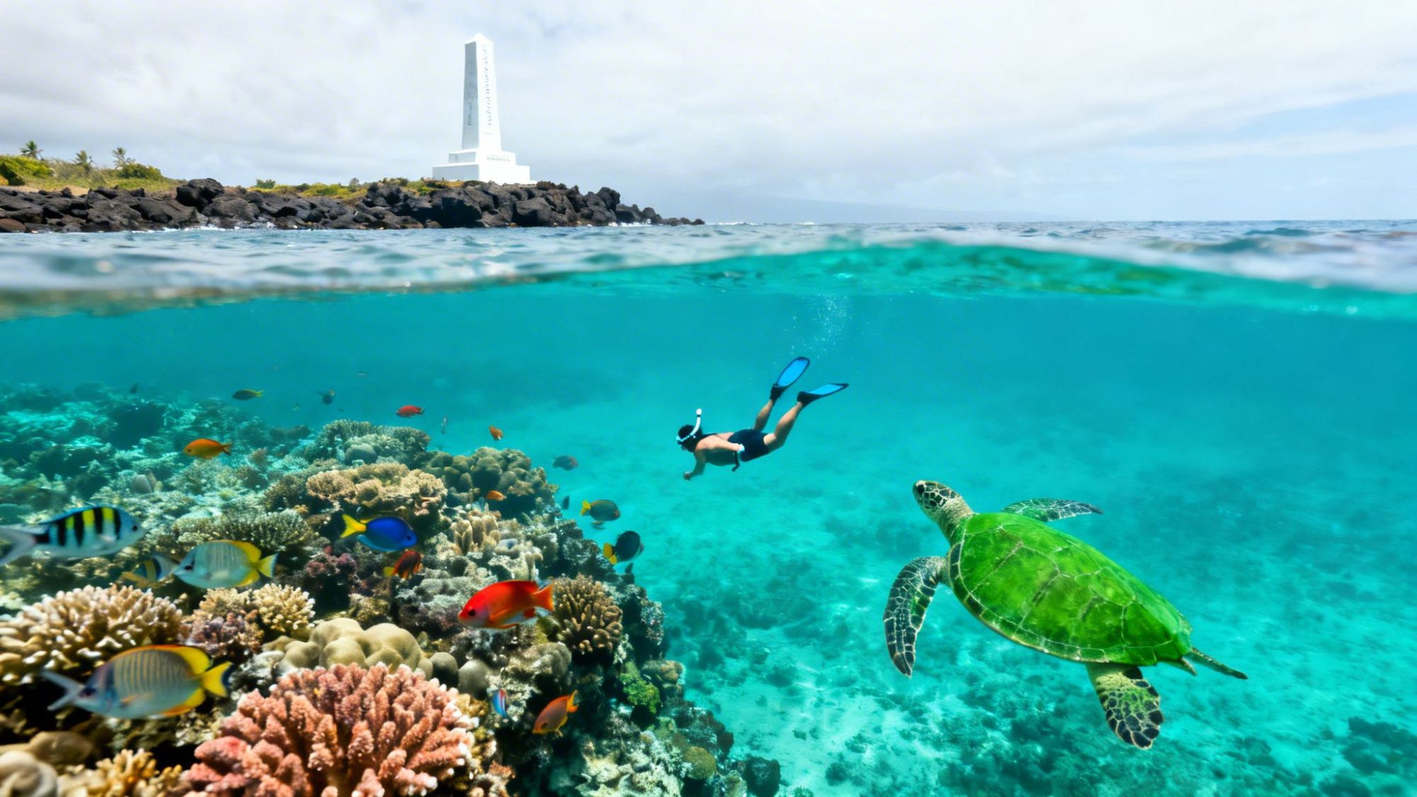 Snorkeler and turtle near coral reef under clear water with monument on shore.