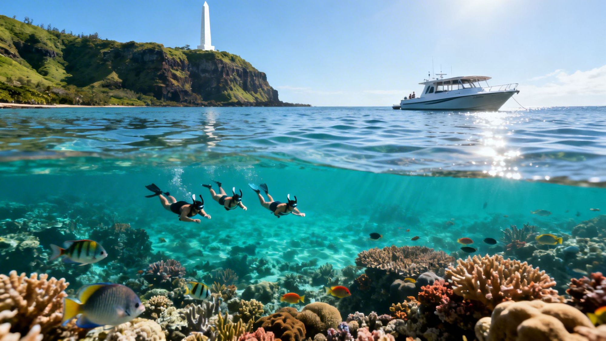 Split view of coral reef underwater with fish, swimmers above and a boat, island and lighthouse in the background.