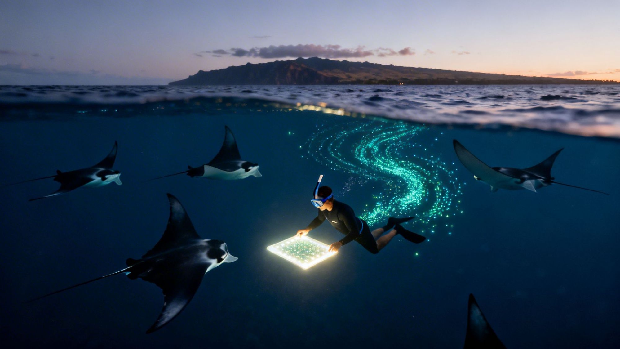 Diver with underwater tablet and glowing trail, surrounded by manta rays at dusk.