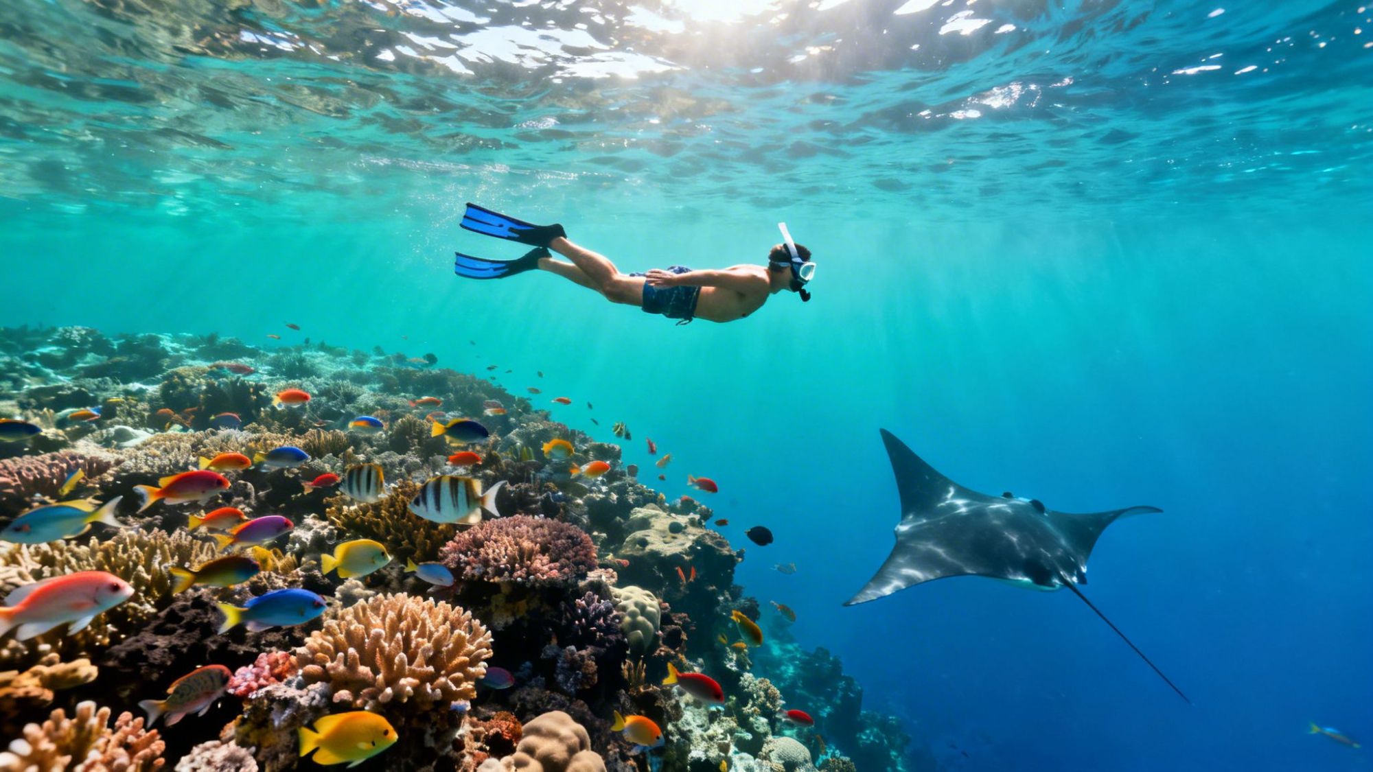 Snorkeler with flippers near coral reef and colorful fish, manta ray in blue ocean.