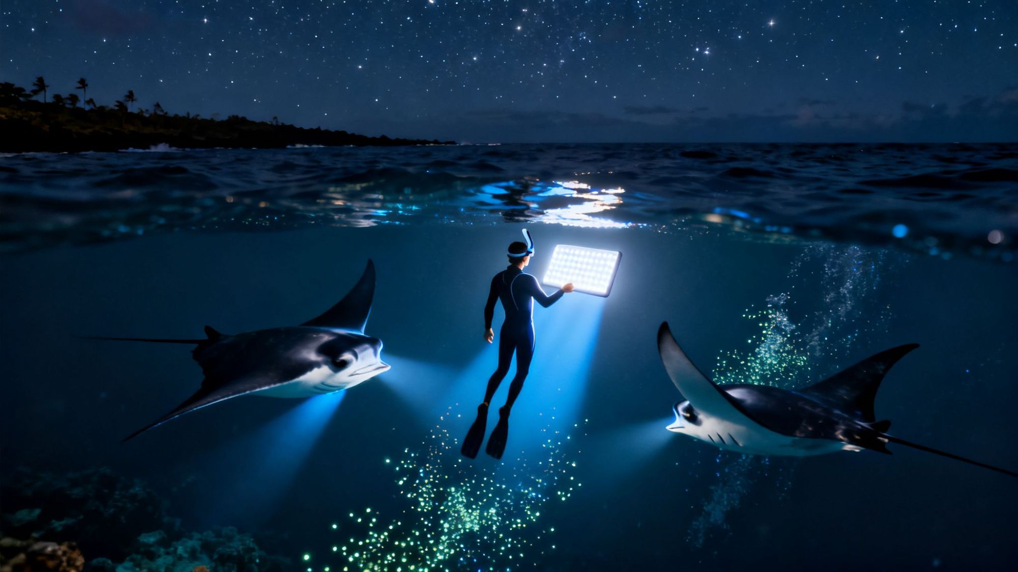 Night diver with light board near manta rays underwater, starry sky above.
