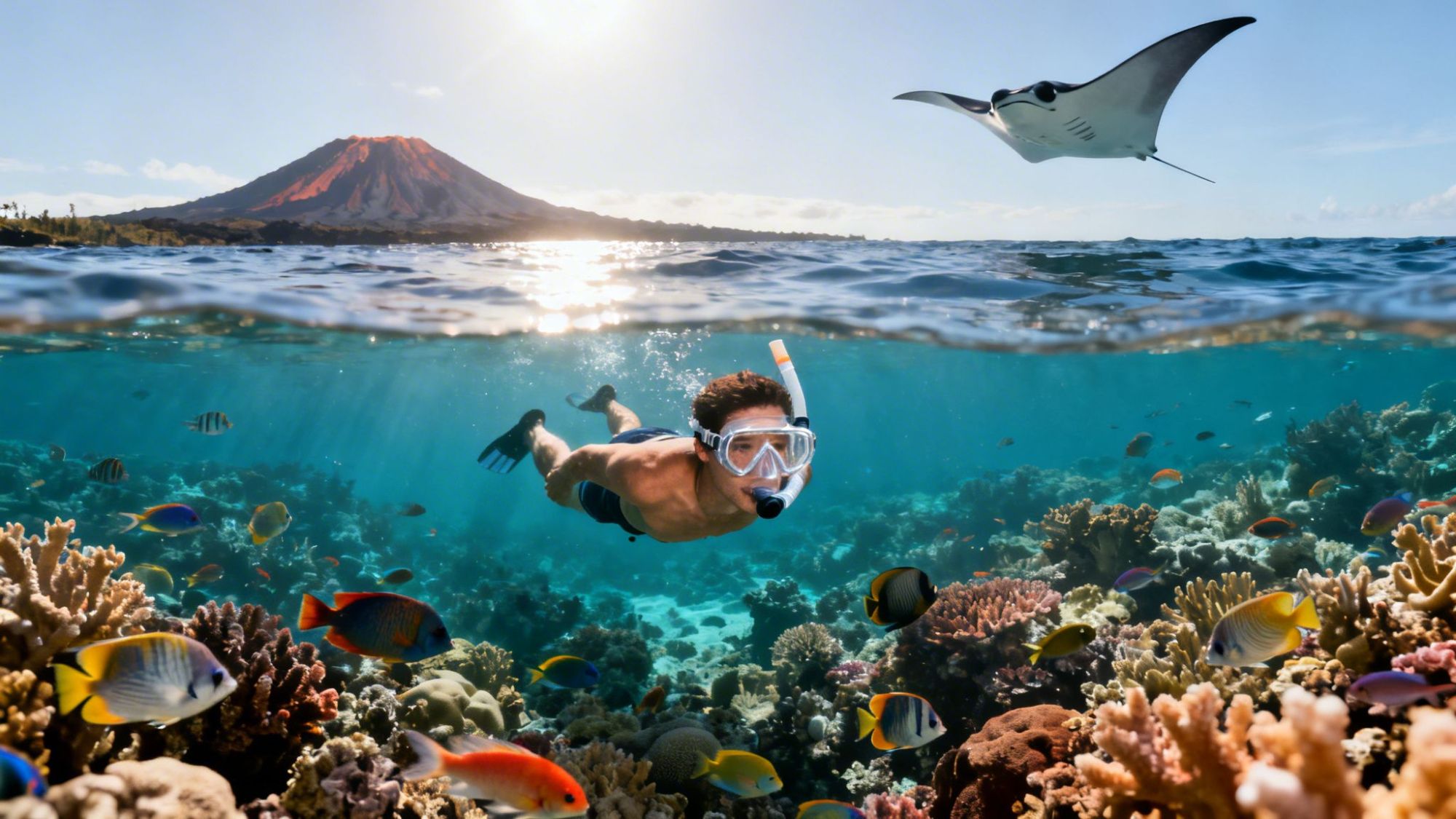 Snorkeler underwater near coral reef with colorful fish, volcano and manta ray above water.