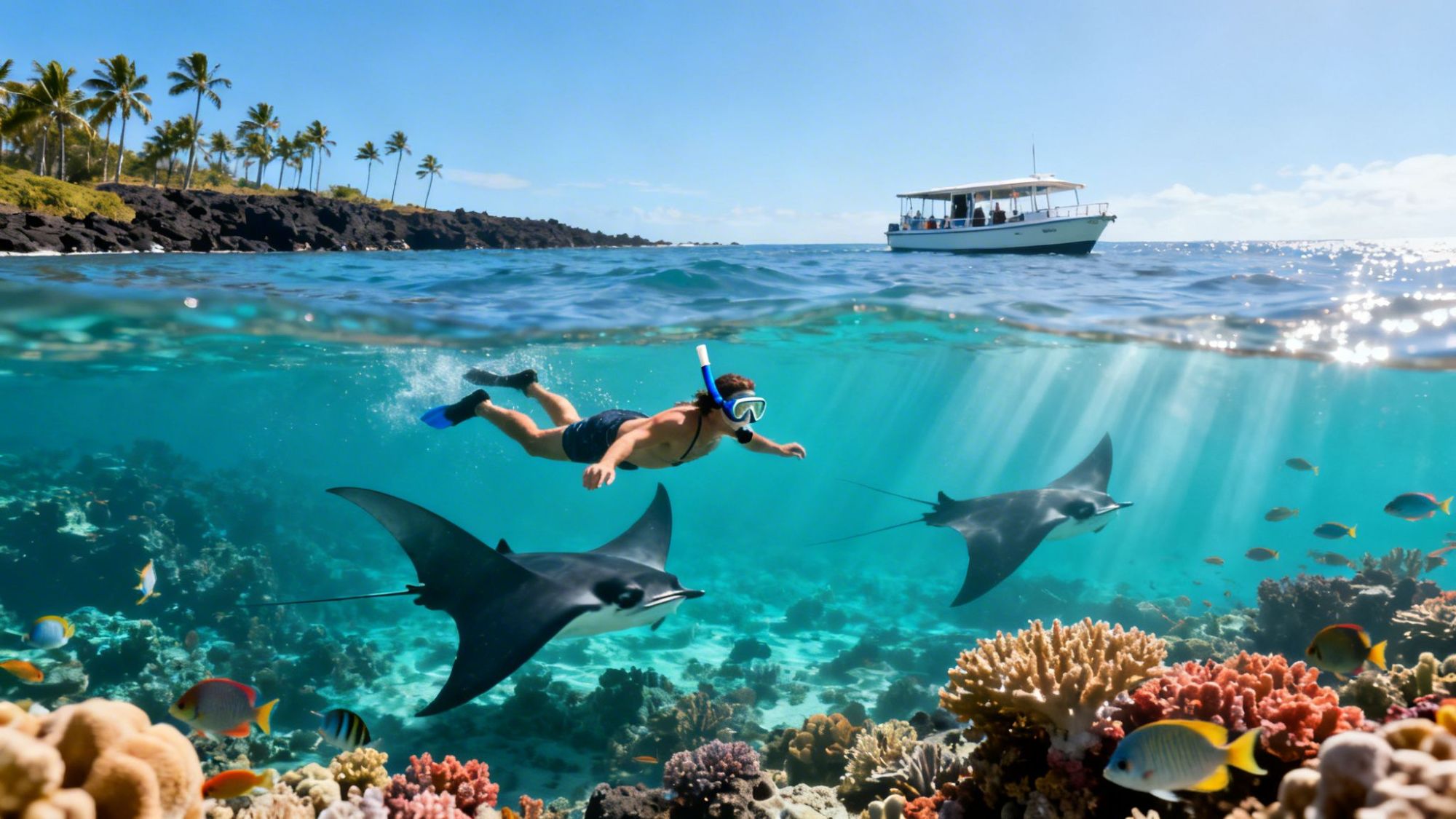 Snorkeler swims with manta rays above coral reef, boat and palm trees in the background.