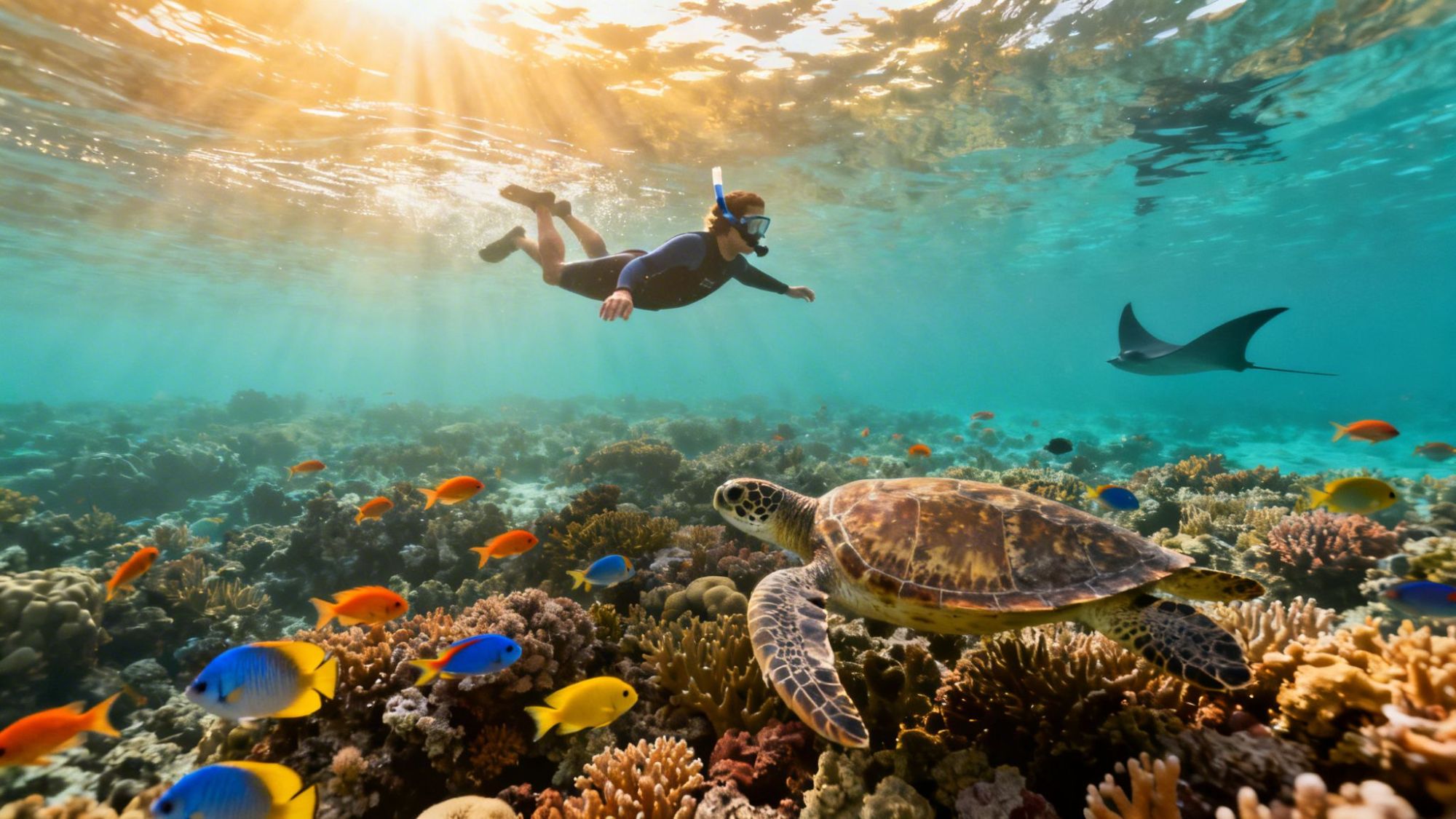 Snorkeler swims above colorful coral reef with sea turtle, fish, and manta ray.