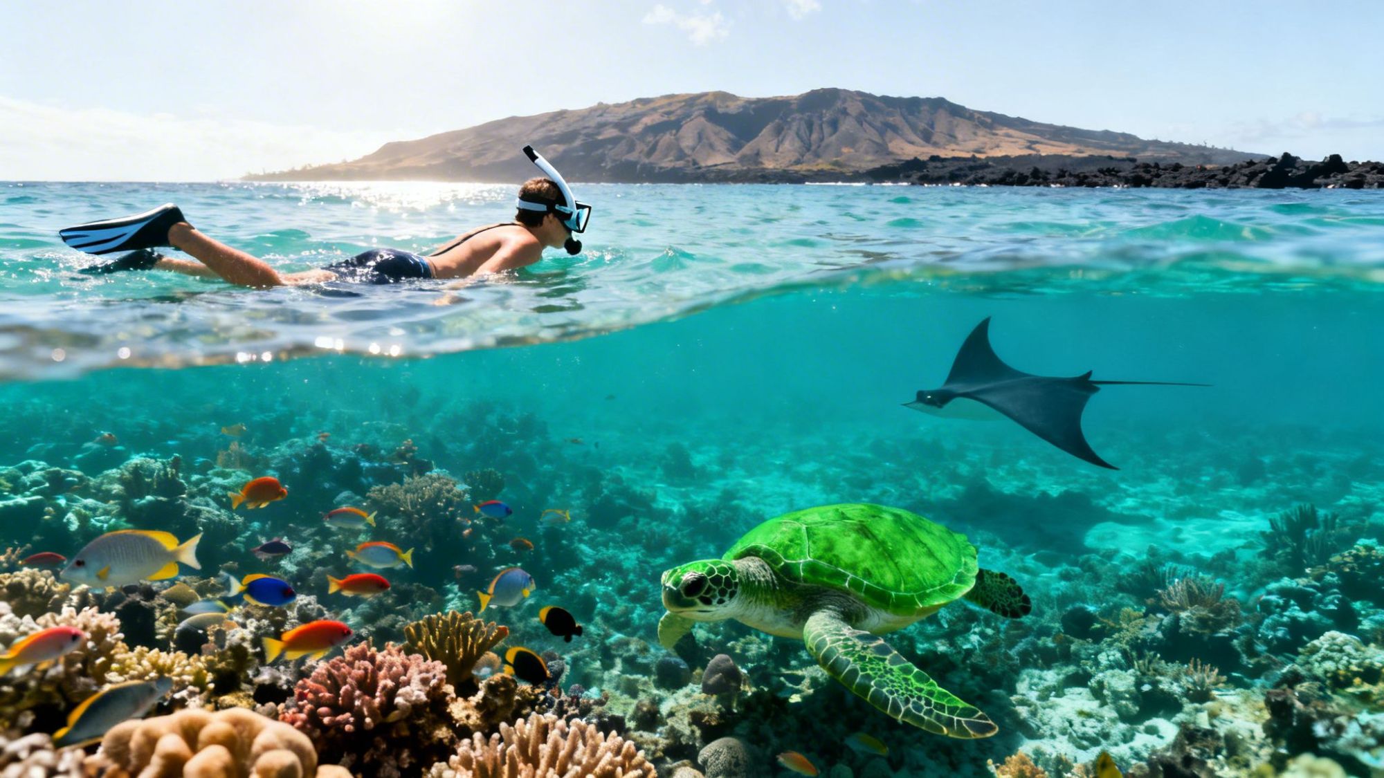 Person snorkeling over coral reef with sea turtle, manta ray, and fish, mountain in background.