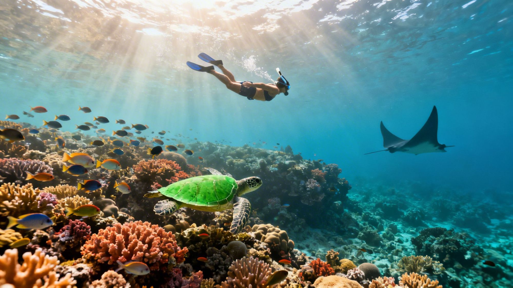 Snorkeler, turtle, and manta ray swimming over colorful coral reef under sunlight.