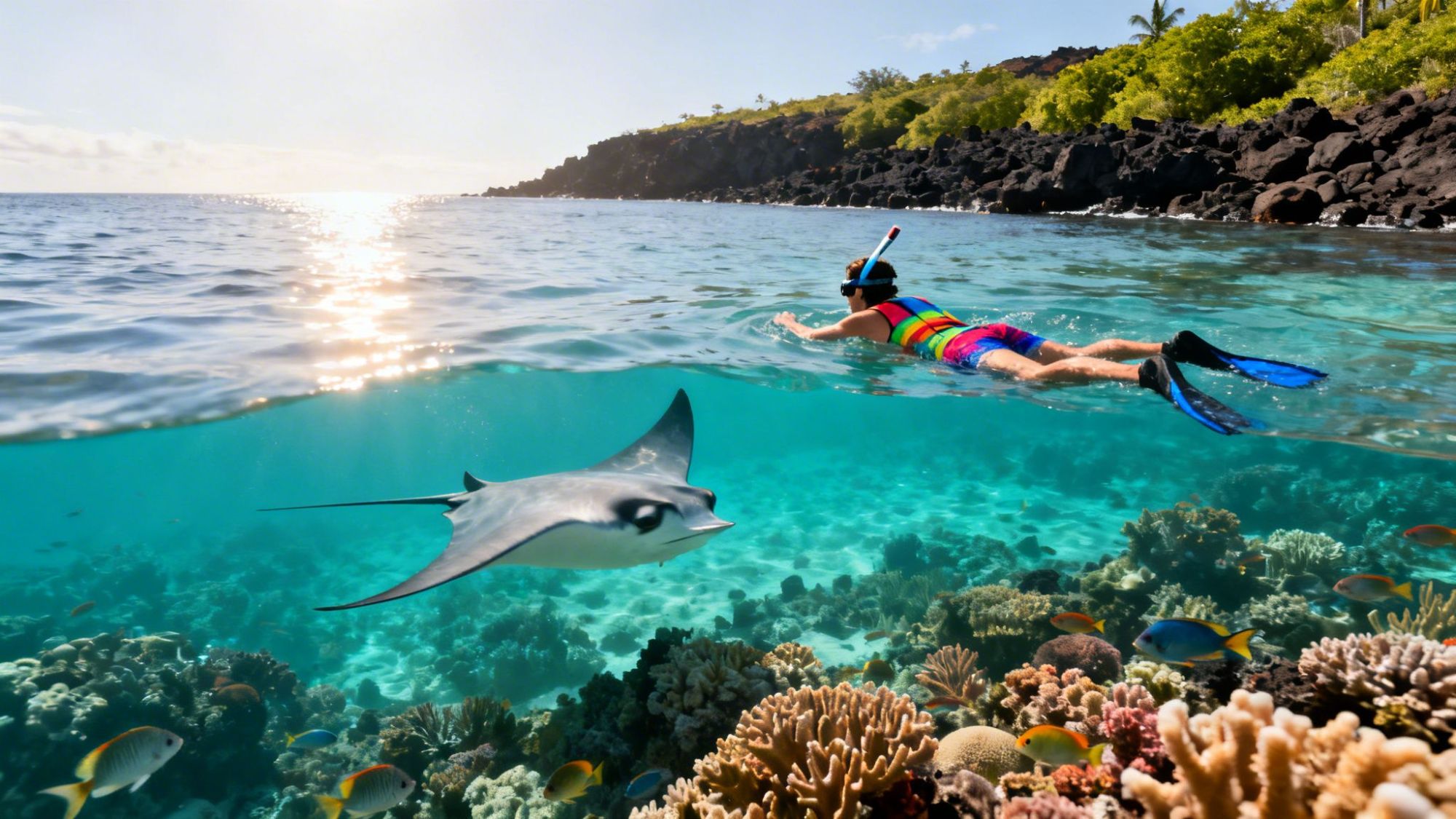 Snorkeler swimming above coral reef with a manta ray and fish in clear water.