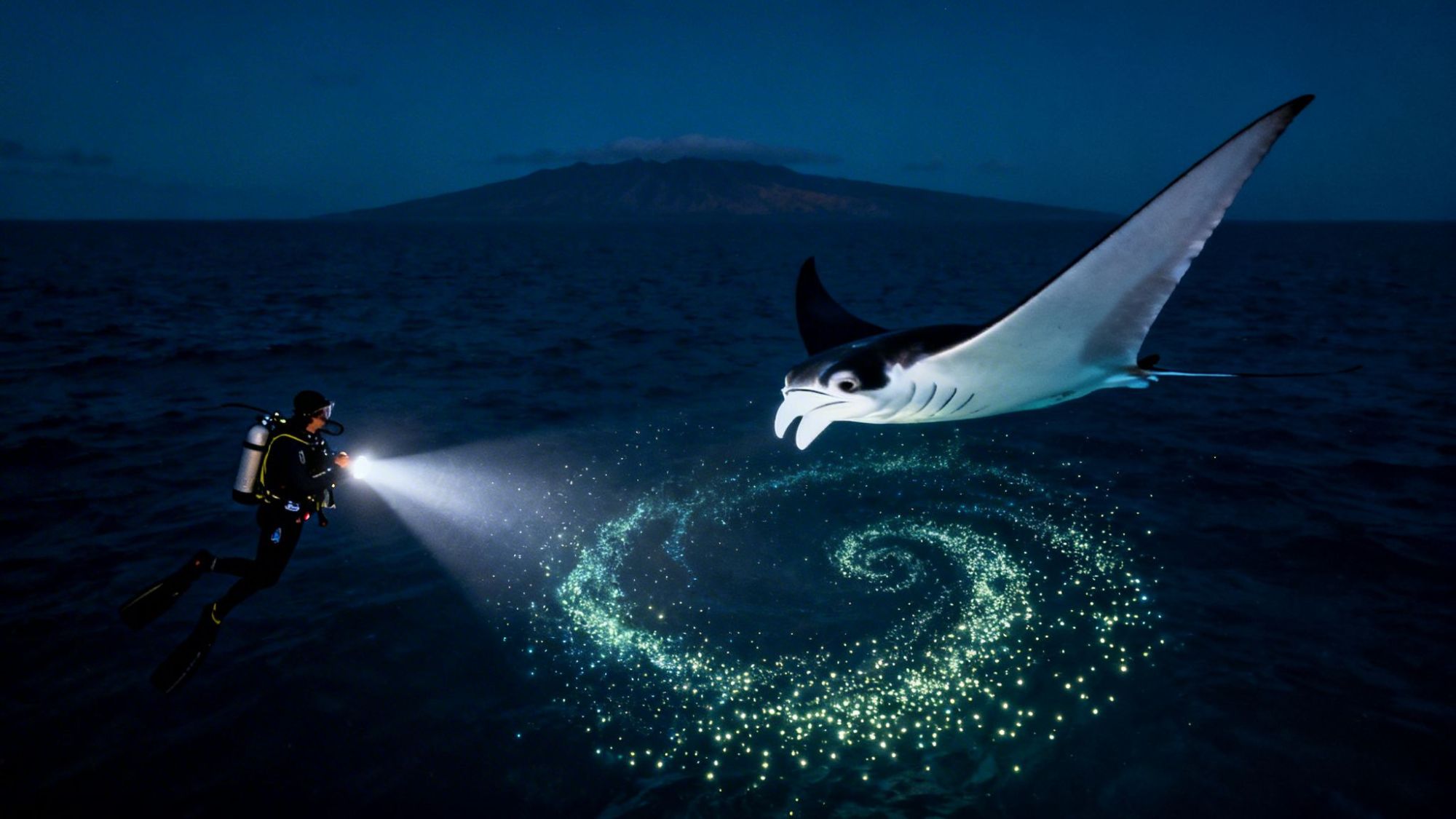 Diver illuminates bioluminescent swirl near manta ray at night, with island silhouette in background.