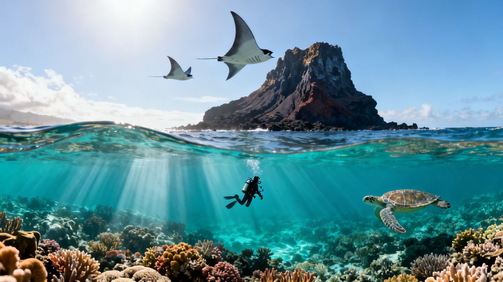 Split view of ocean with diver, turtle, rays, coral, and mountain island.