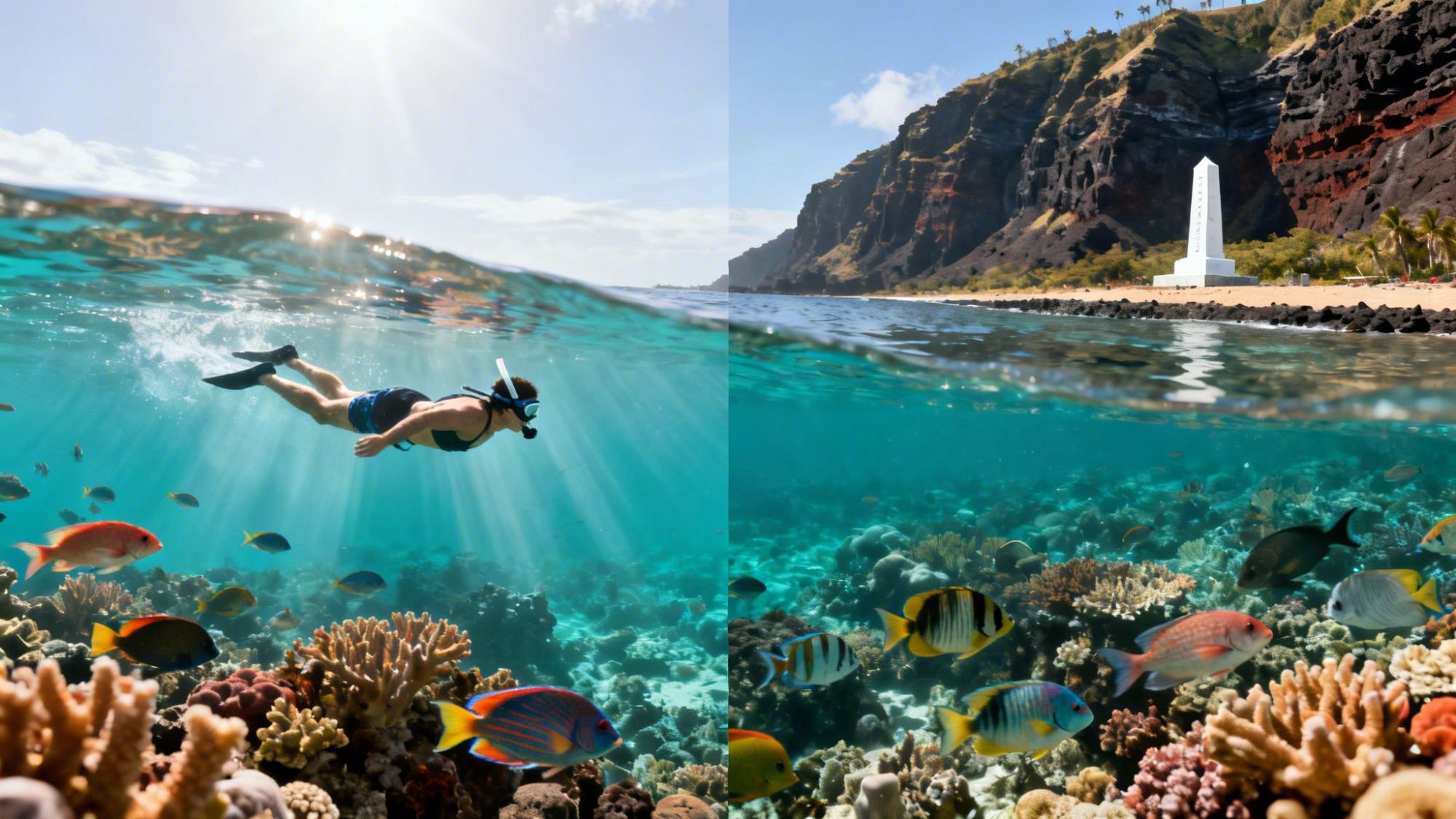 Snorkeler over coral reef with colorful fish and a monument on a cliff-lined shore.