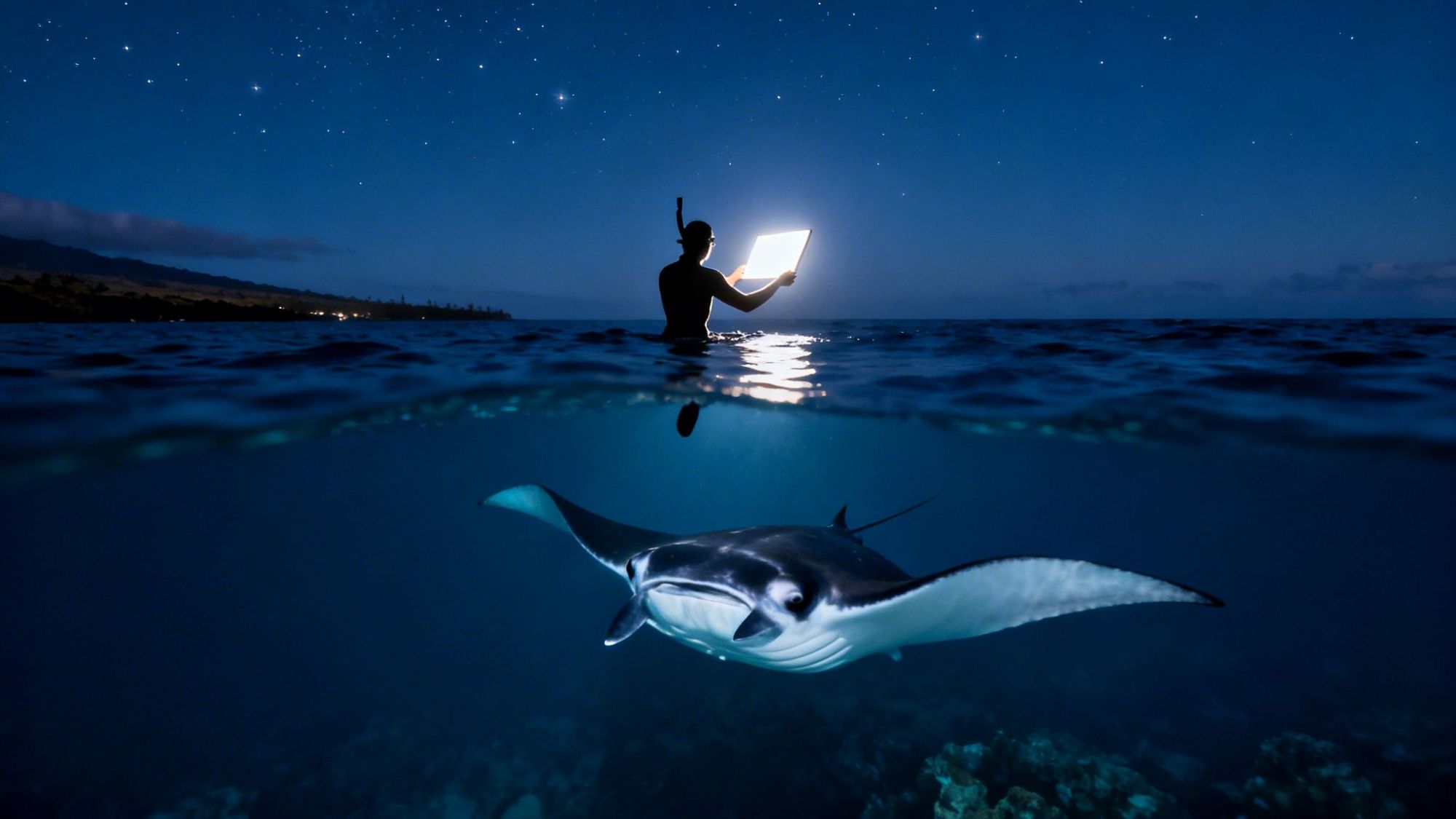 A person holds a light above water at night with a manta ray swimming below.