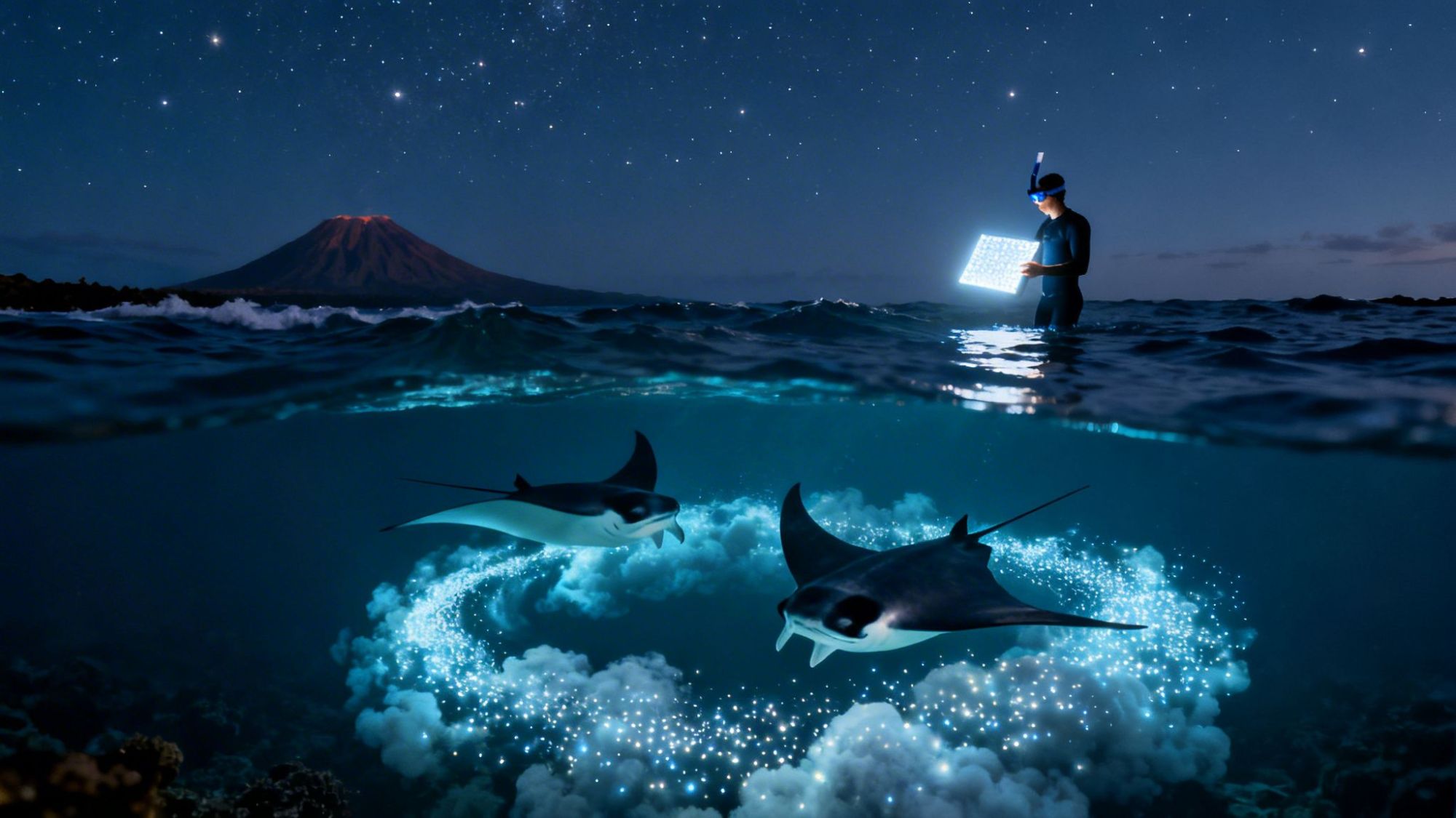 Person holding light panel above water, with manta rays swimming in a bioluminescent circle at night.