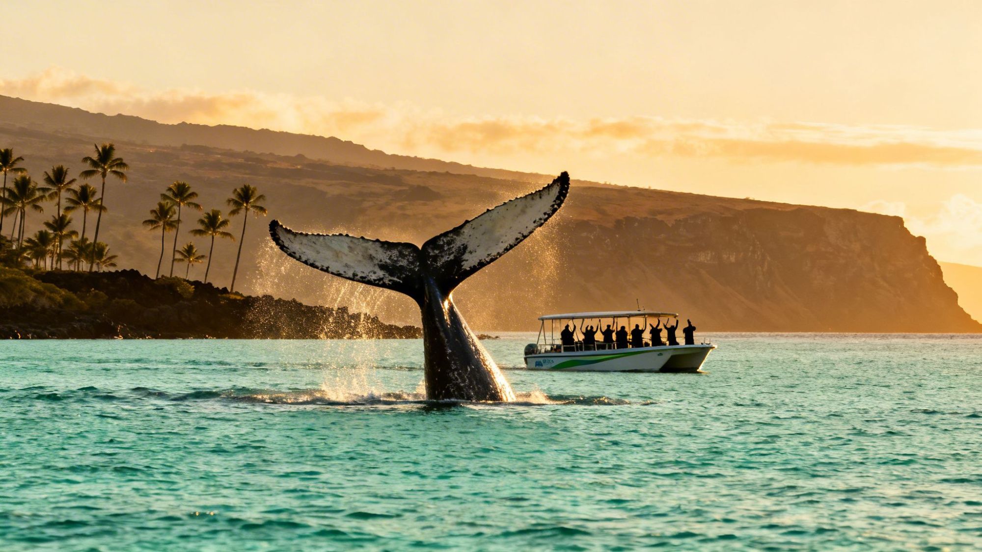 Whale tail above water near boat with people at sunset, island backdrop.