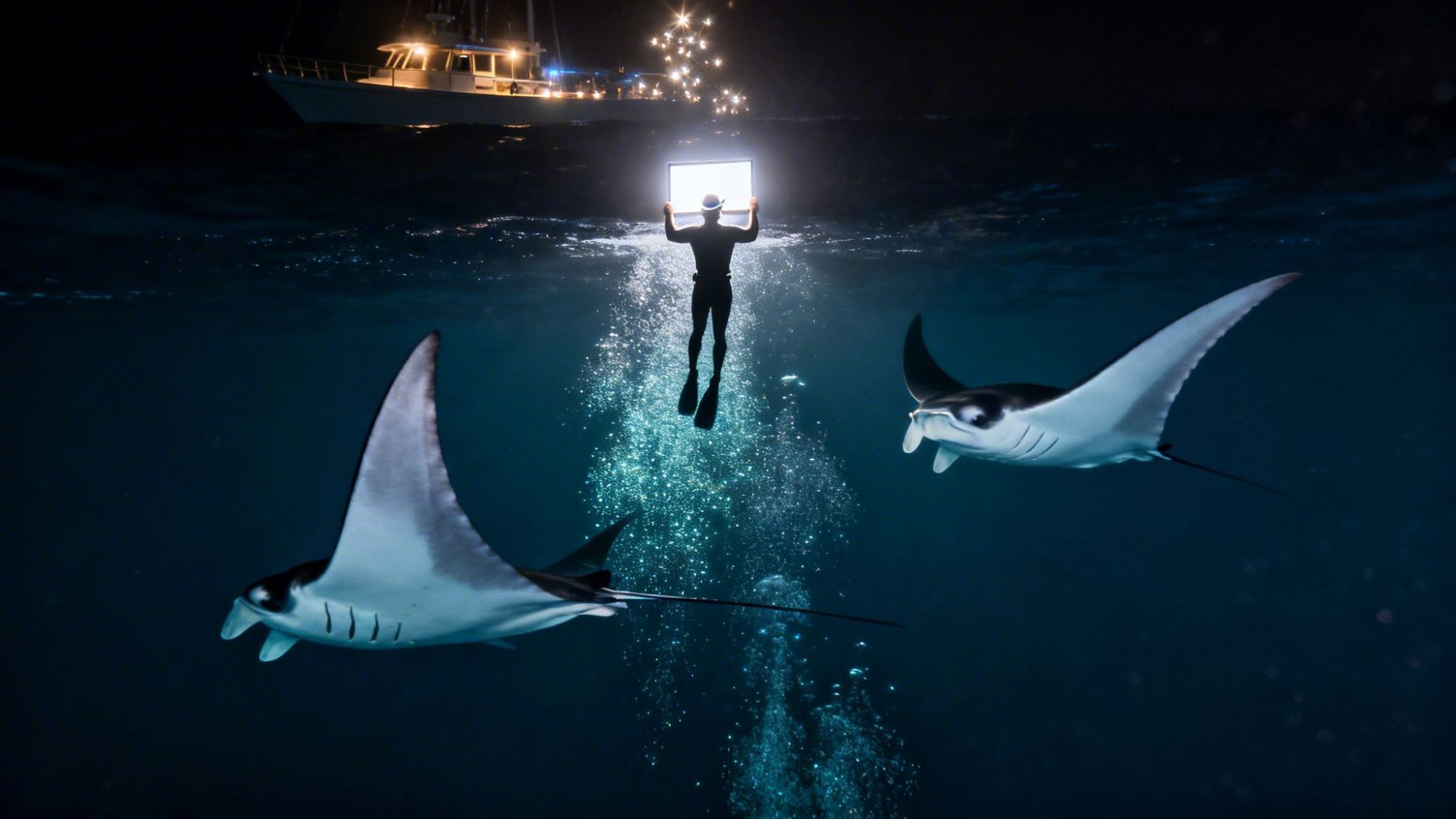 Diver holding light near two manta rays underwater at night, with a boat above.