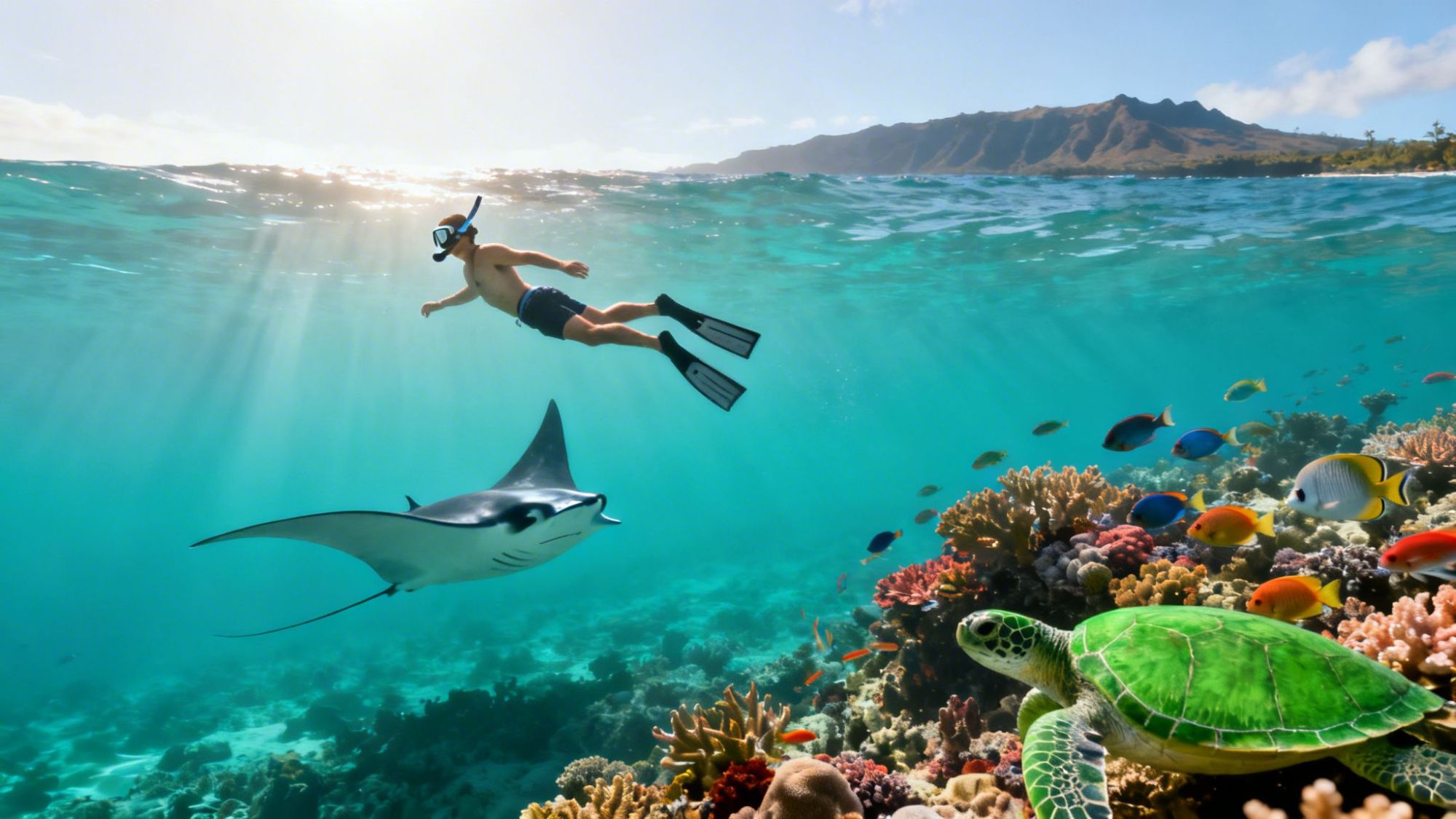 Snorkeler swimming over coral reef with manta ray and turtle in clear ocean water.
