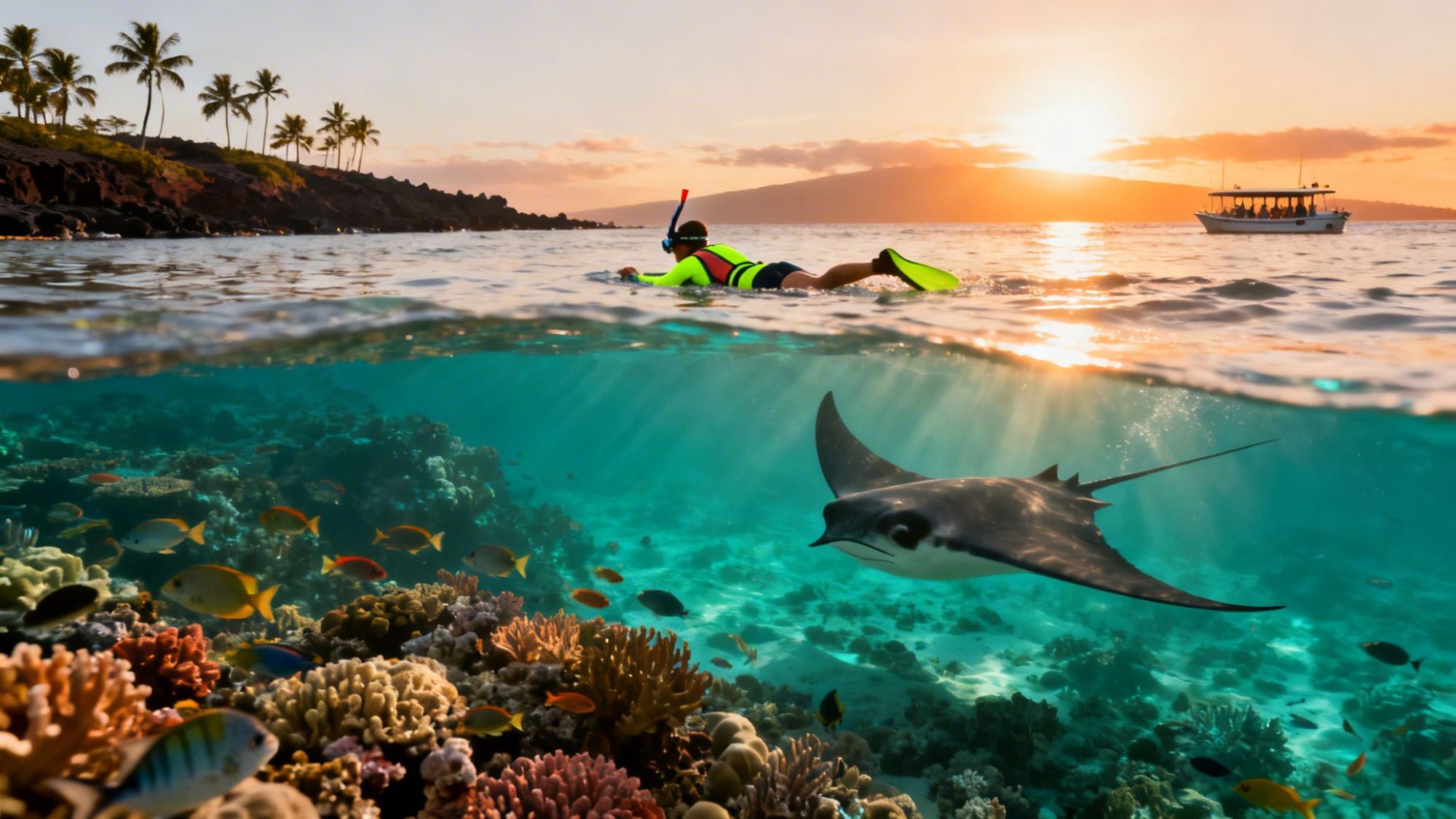Snorkeler above coral reef with fish and manta ray at sunset, with boat in the background.