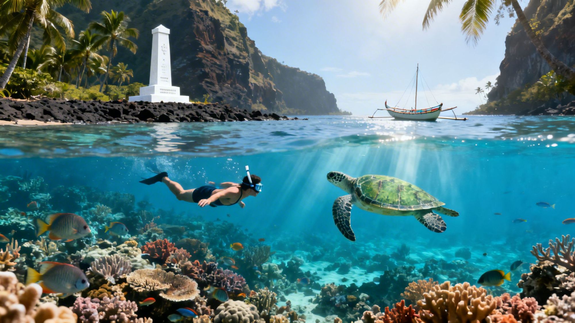 Snorkeler and sea turtle in clear water with coral, near tropical island, boat, monument, and palm trees in background.
