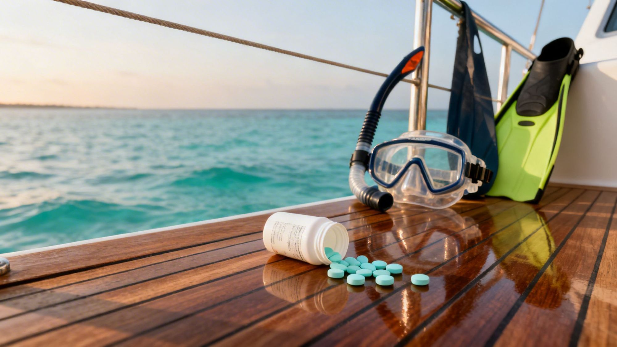 Scuba gear and spilled pills on a boat deck by the ocean.