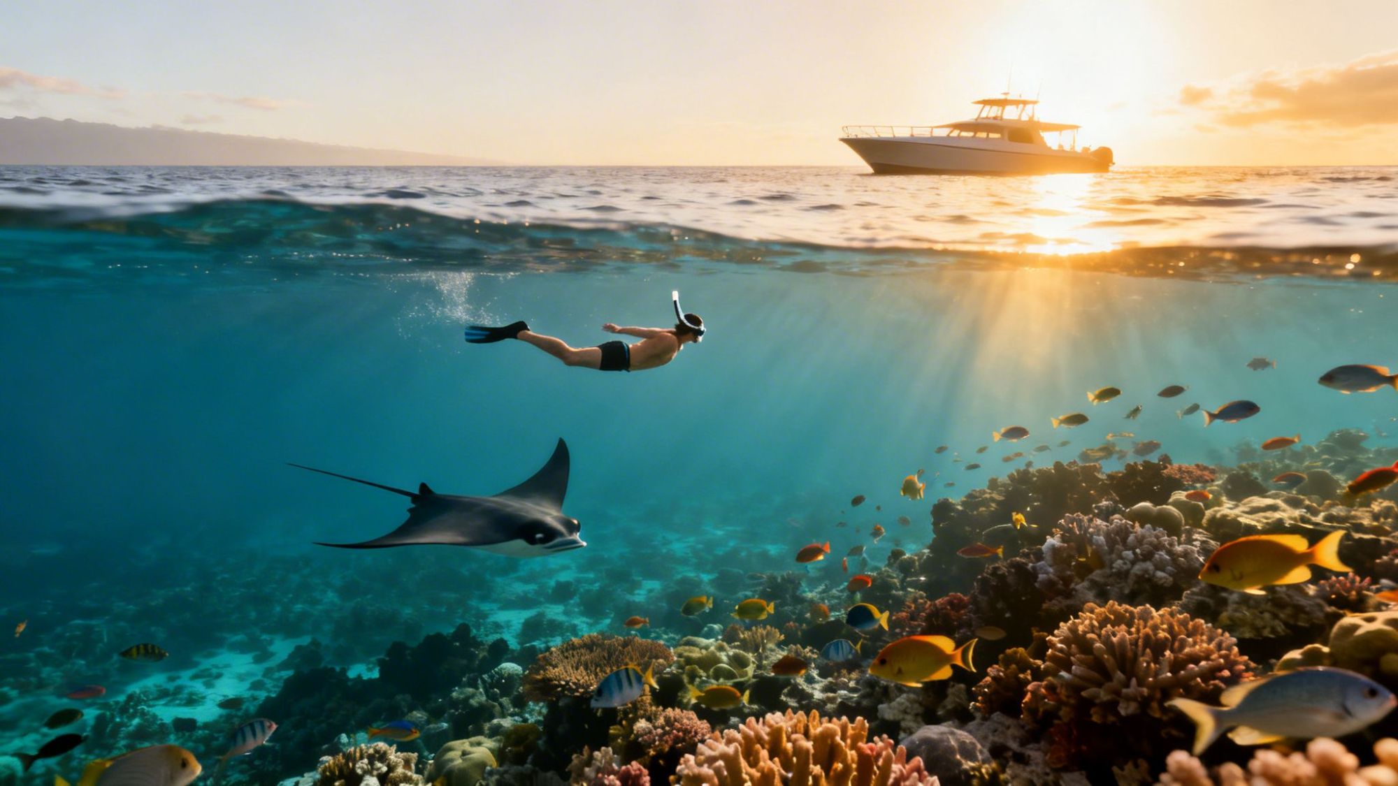 Snorkeler above coral reef with fish and stingray, boat on surface, sunset in background.