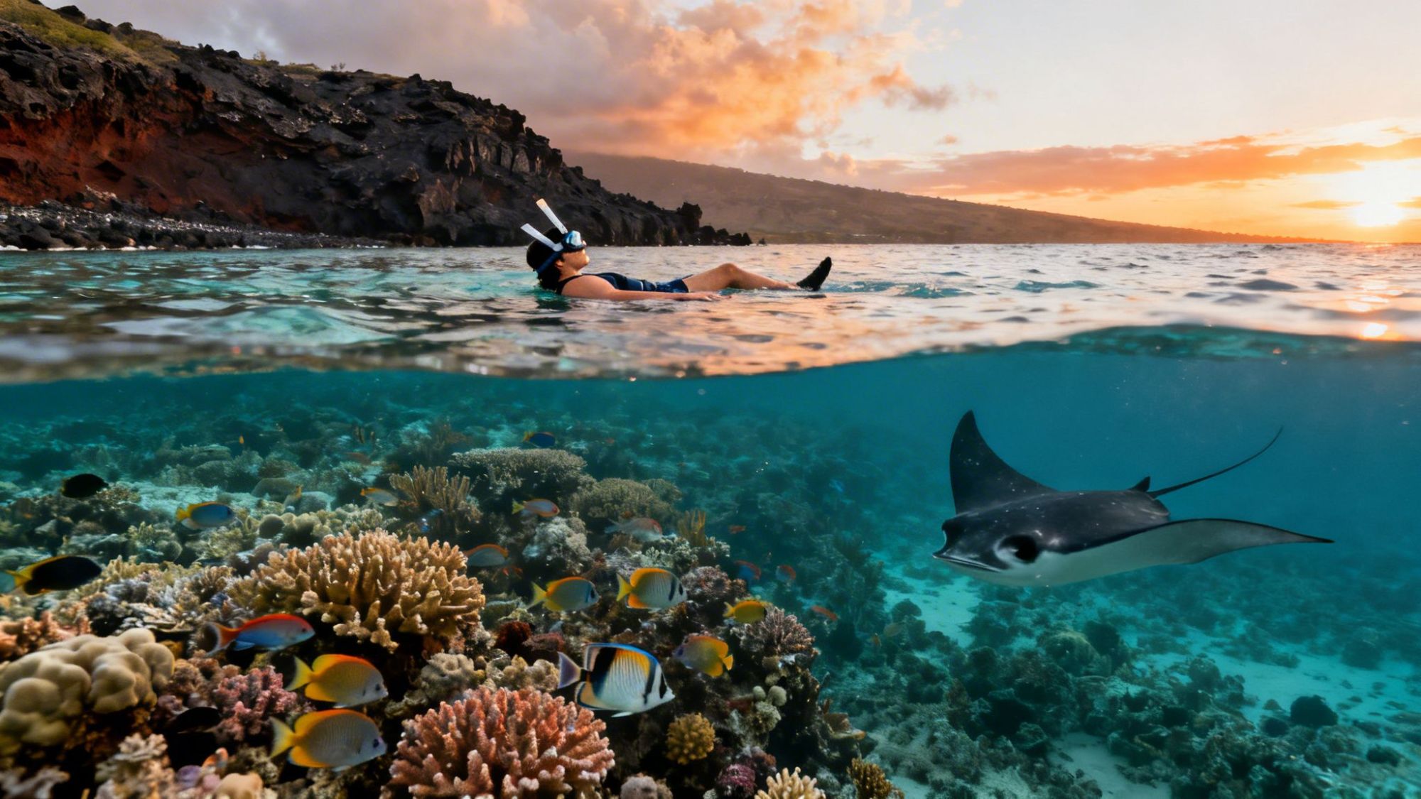 Person snorkeling above coral reef with fish and a ray in tropical ocean at sunset.