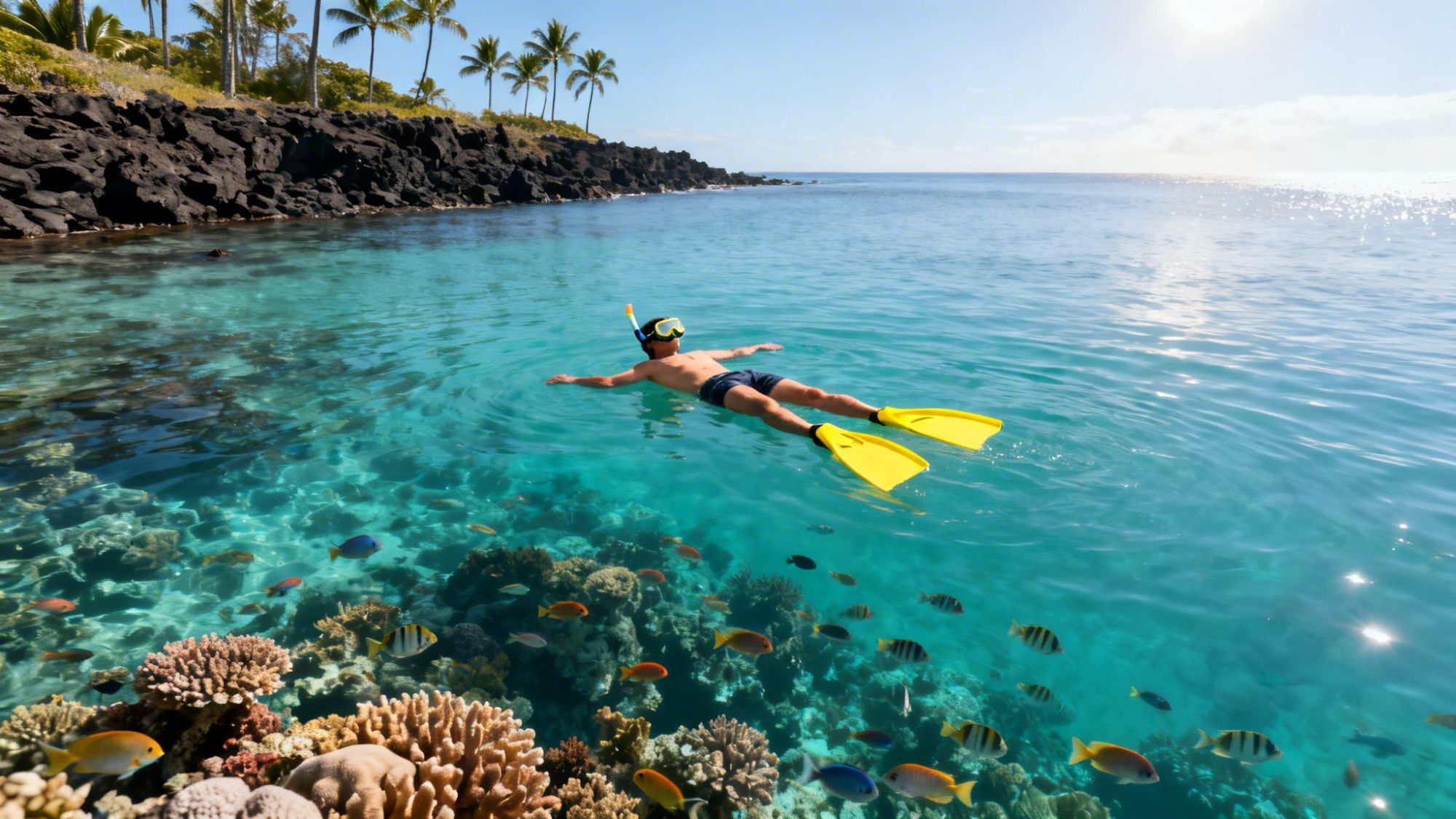 Person snorkeling with yellow fins in clear water near coral reef and fish.