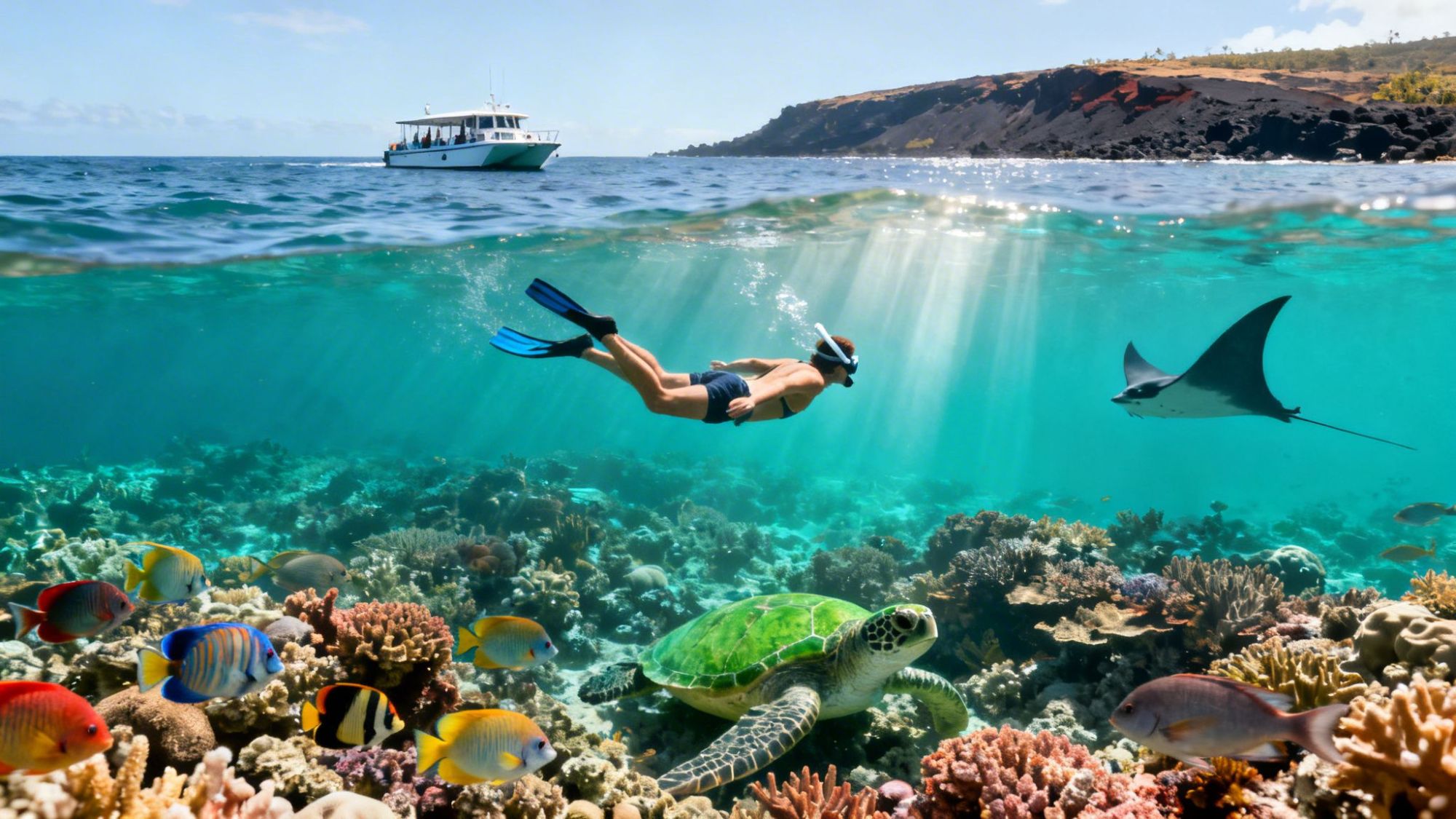 Snorkeler swimming over coral reef with turtle, colorful fish, and a manta ray near a boat above water.