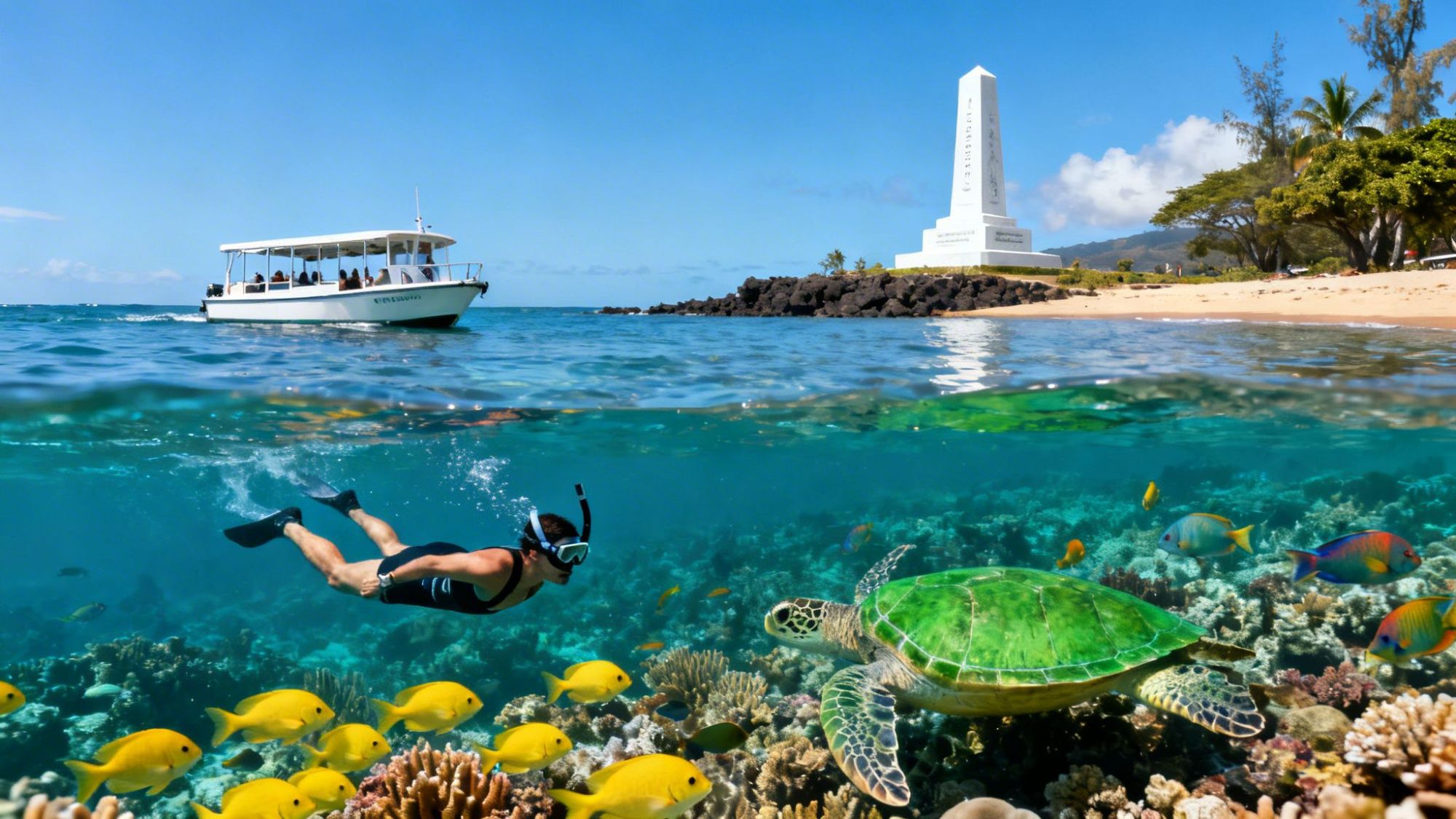 Snorkeler swims with fish and turtle near coral reef, boat and monument visible above water.