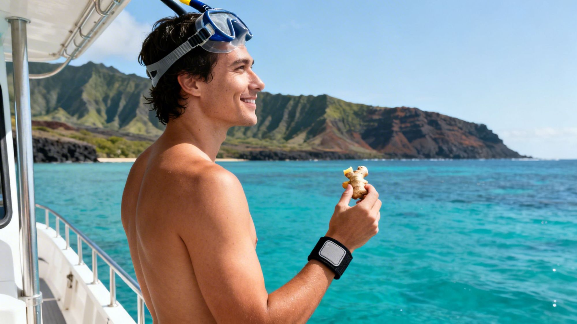 Man with snorkel gear eating on a boat with scenic island background.