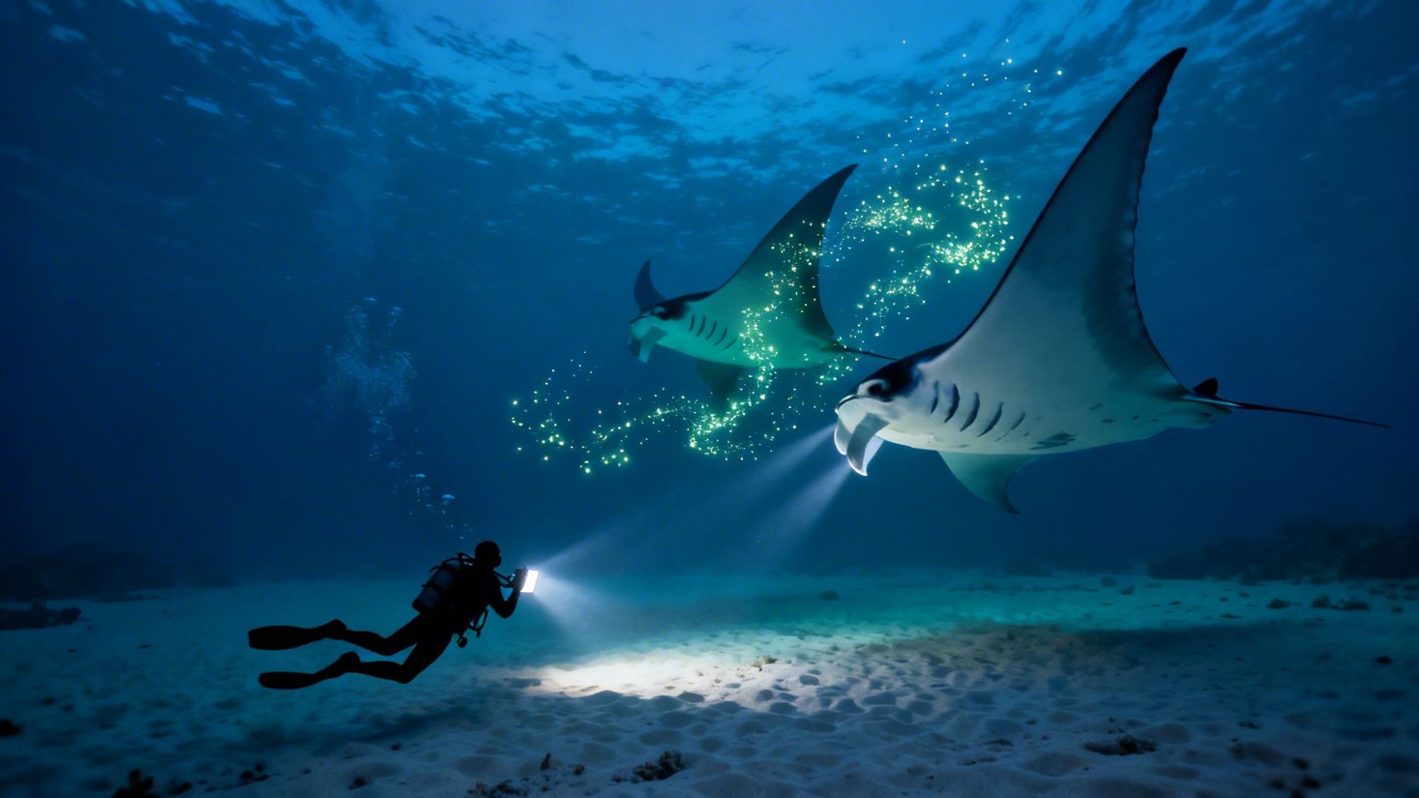 Diver with flashlight observing two manta rays with shimmering particles underwater.