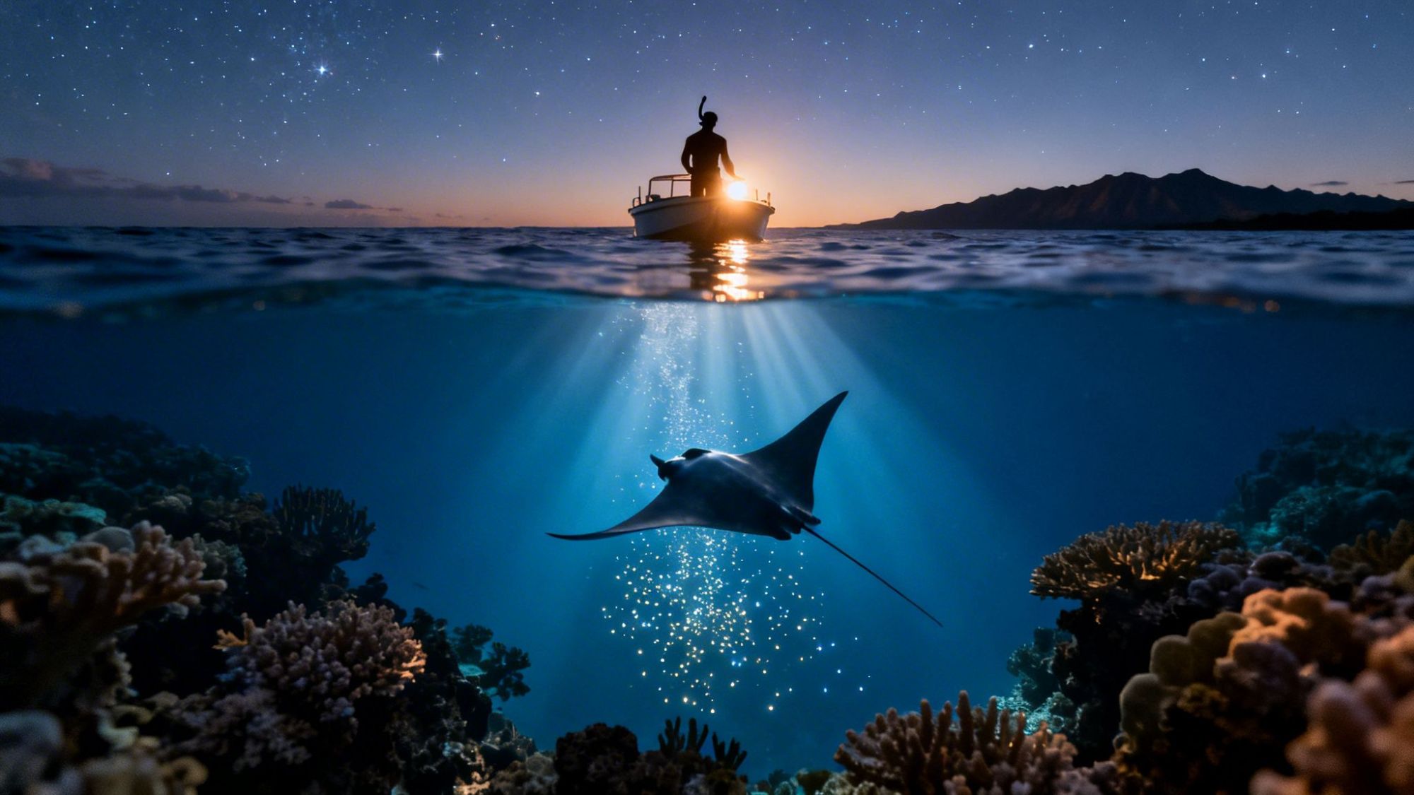 Half-submerged shot of a manta ray under a boat with a diver, starry sky and coral reef illuminated by light.