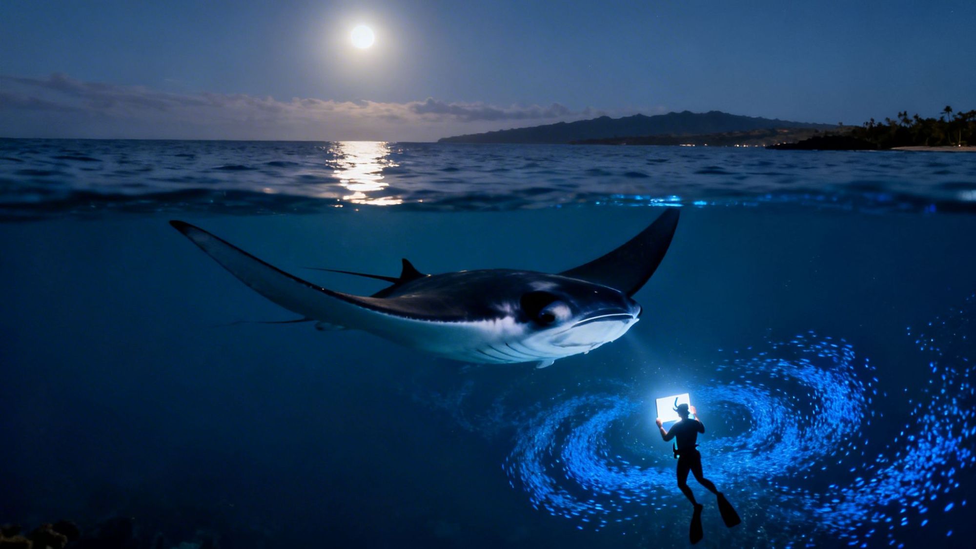 Moonlit ocean scene with diver and manta ray above glowing plankton swirl.