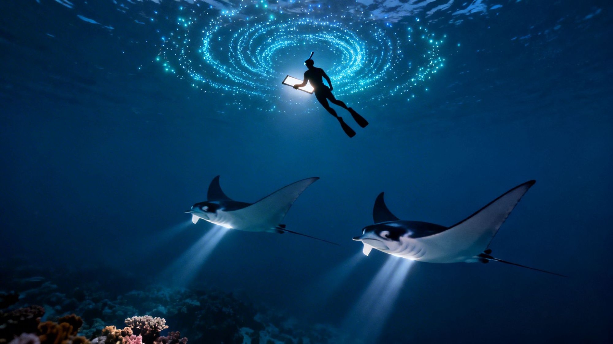 Diver and two manta rays with lights beneath glowing underwater swirl.