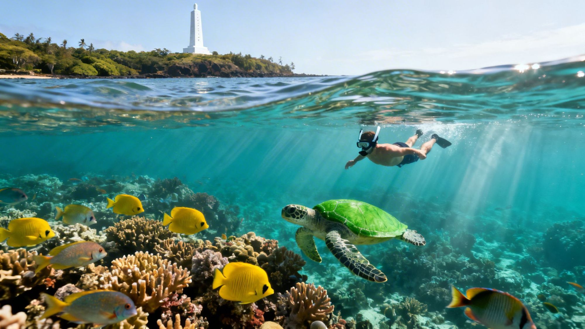Snorkeler swims near coral reef with colorful fish and a turtle; lighthouse on shore in background.