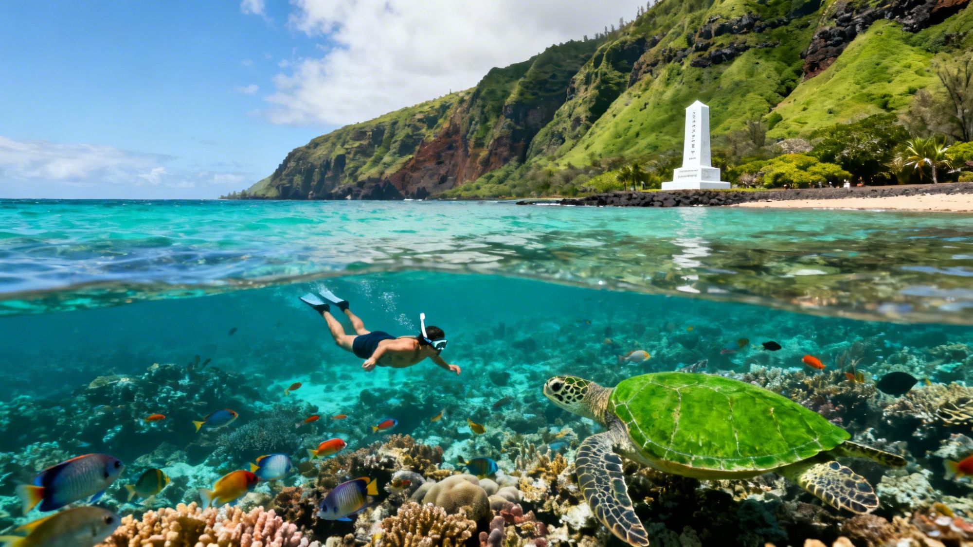 Snorkeler and sea turtle in vibrant coral reef, with lush green hillside and monument in the background.