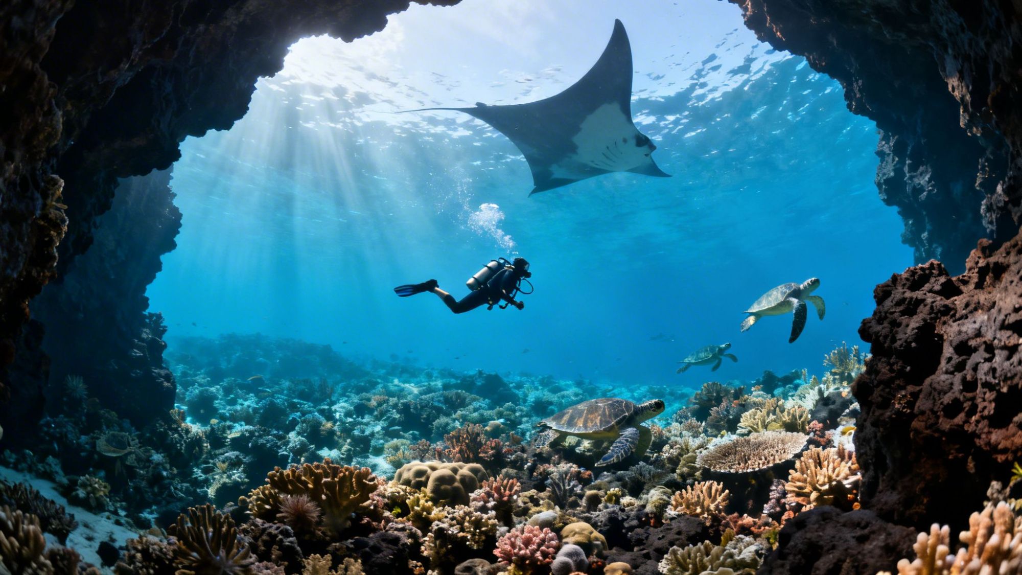 Diver swims with manta ray and turtles in a sunlit underwater cave surrounded by coral.