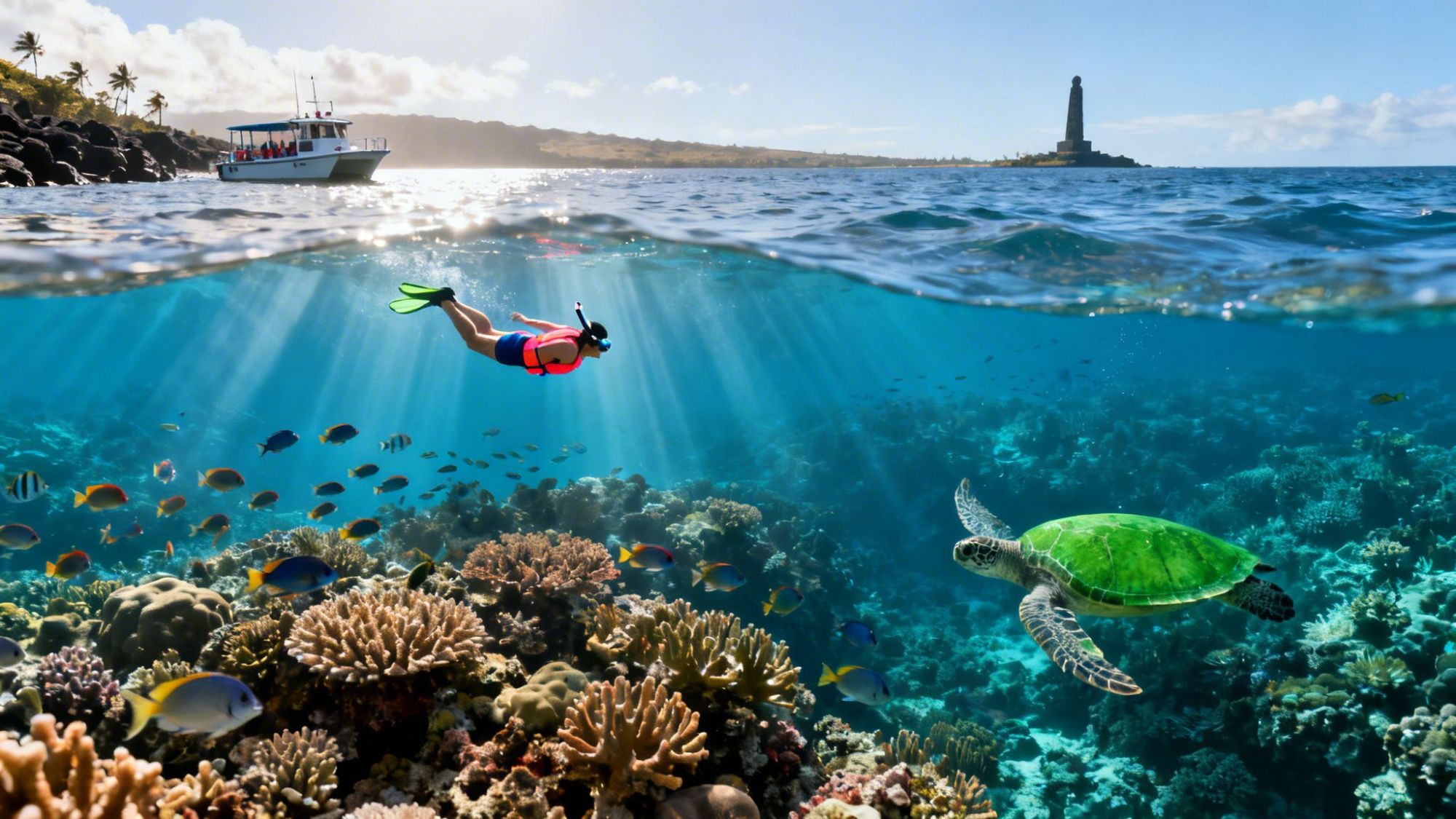 Person snorkeling over coral reef with fish and sea turtle, boat and lighthouse in background.