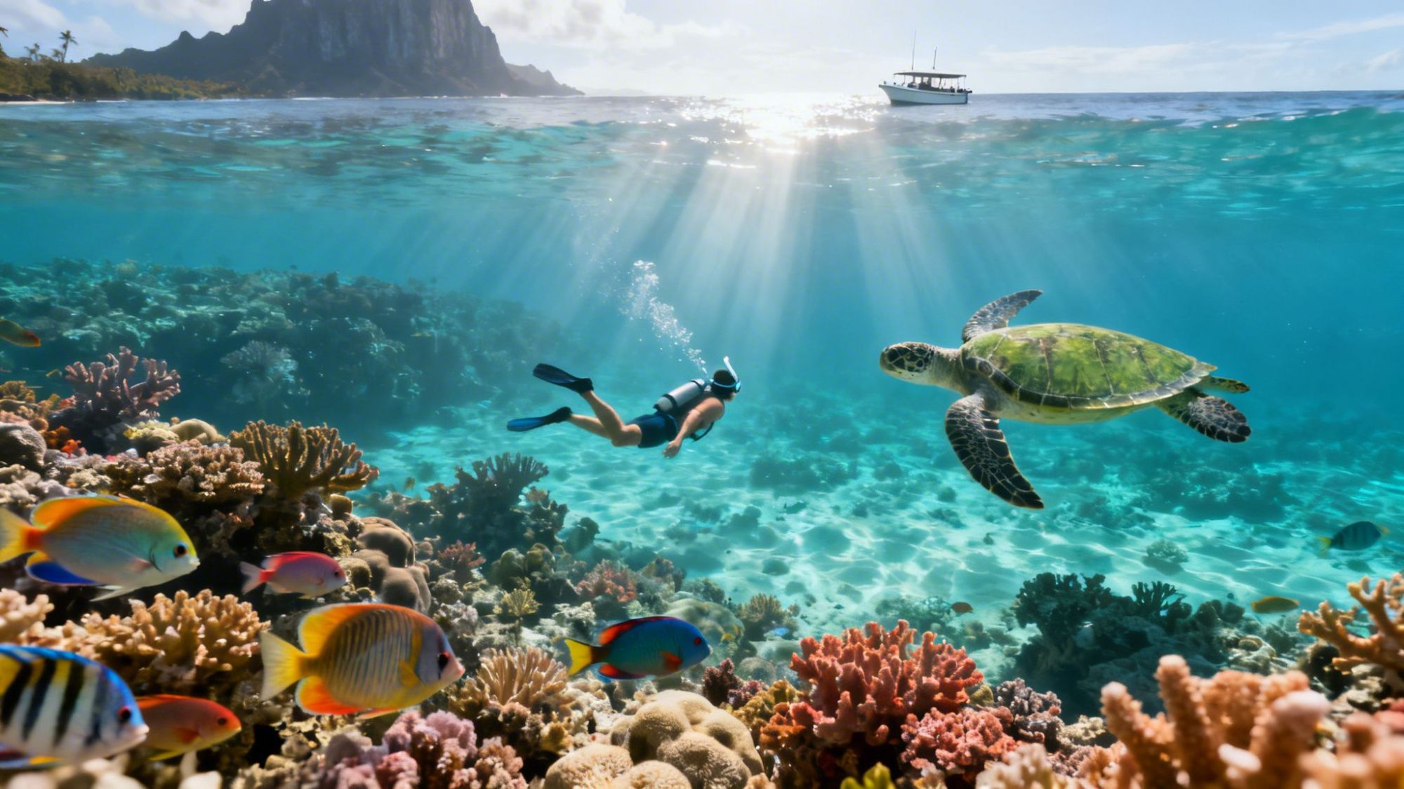 Snorkeler swimming near a sea turtle and colorful fish above coral reef with a boat and island in the background.