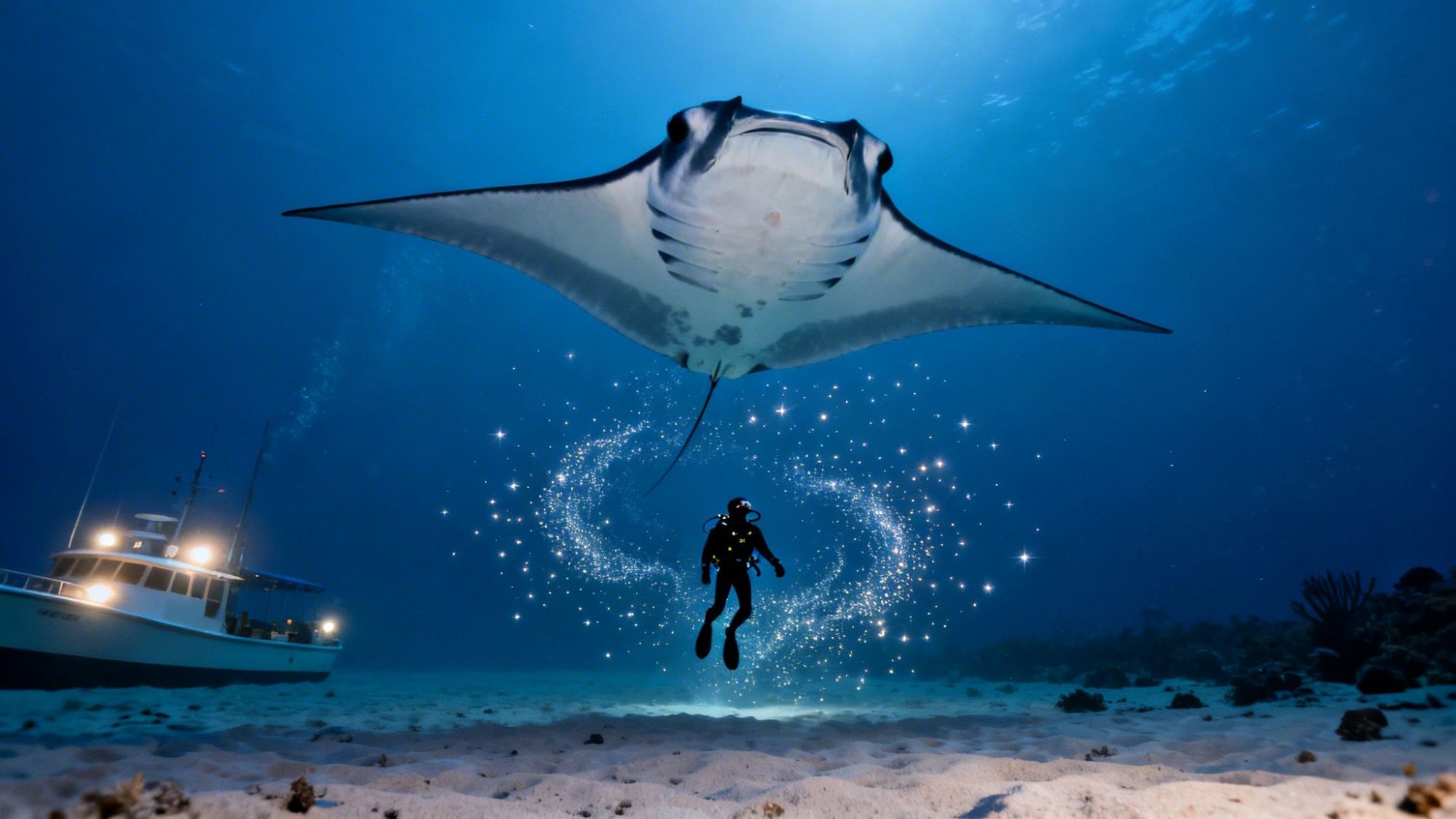 Diver swims under giant manta ray with sparkling water in ocean, boat in background.