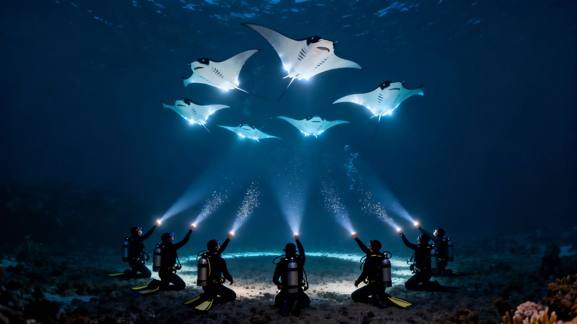 Group of divers underwater shining lights on swimming manta rays.