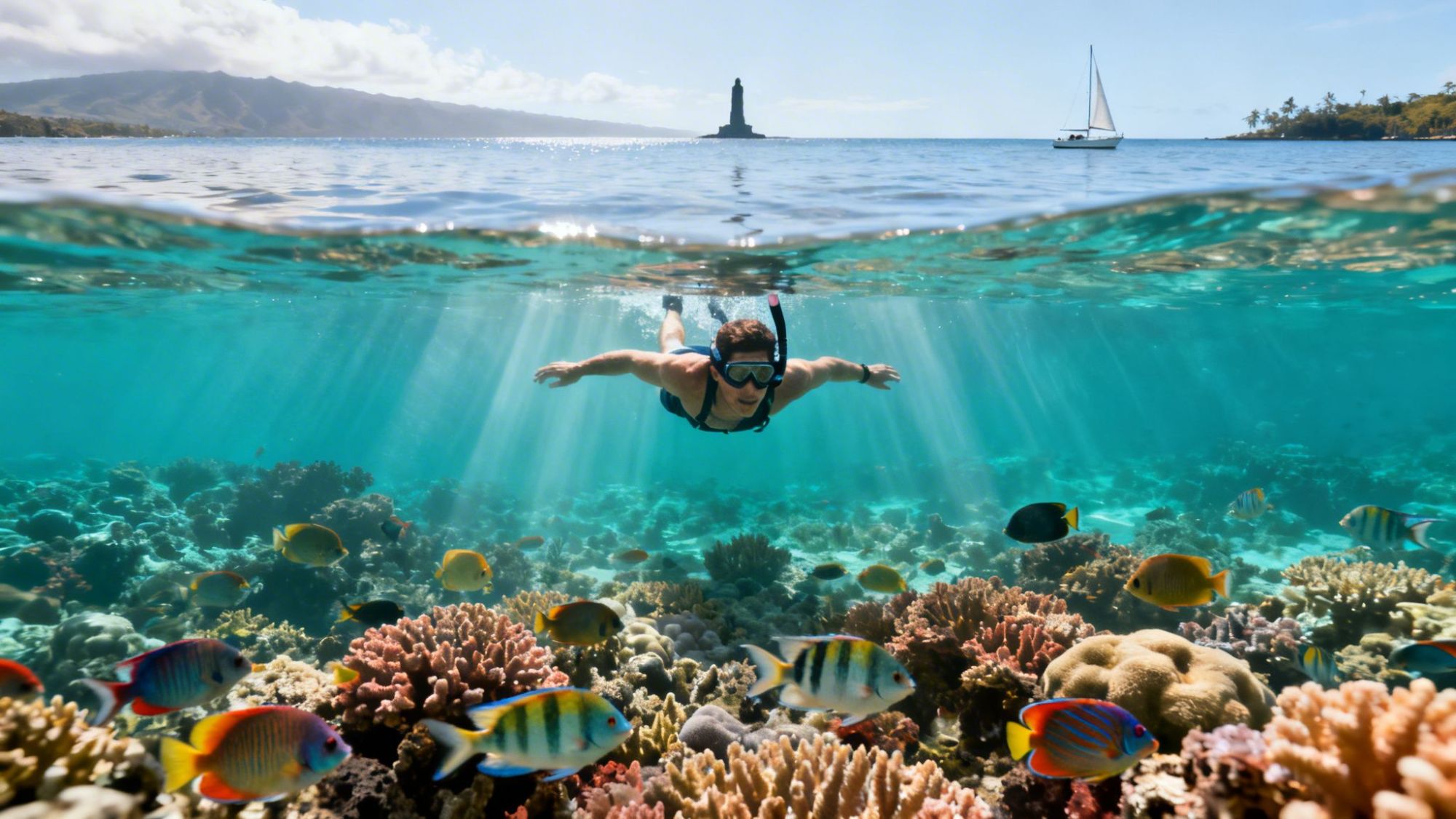 Person snorkeling above colorful coral reef and tropical fish, with a sailboat and lighthouse in the distance.