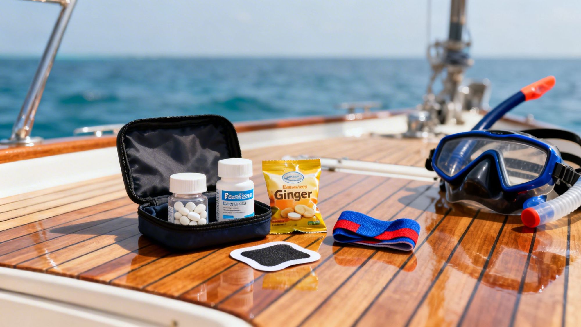 Boat deck with seasickness remedies, ginger chews, snorkel mask, and wristbands under sunny skies.